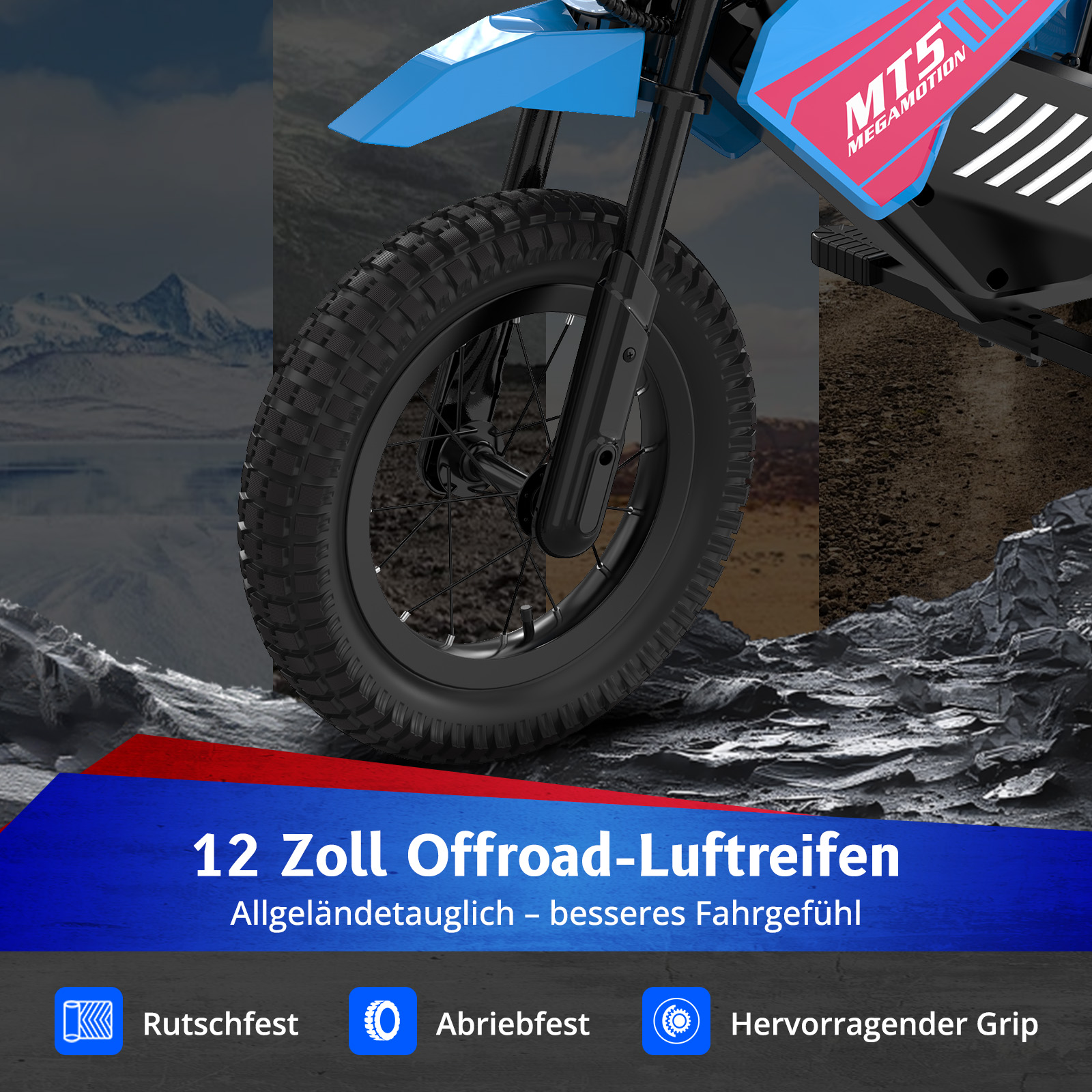 Blaues Elektromotorrad mit 12-Zoll-Offroad-Reifen. Rutschfest, abriebfest.