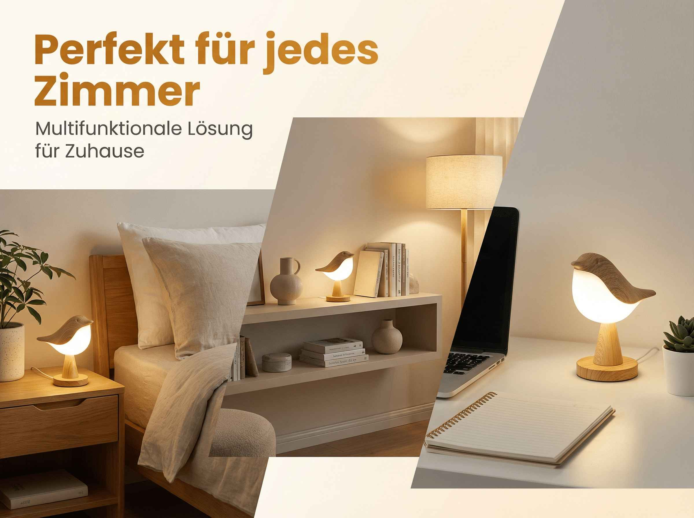 Holz-Vogel-Lampe neben Bett, Regal mit Deko und Schreibtisch mit Laptop.