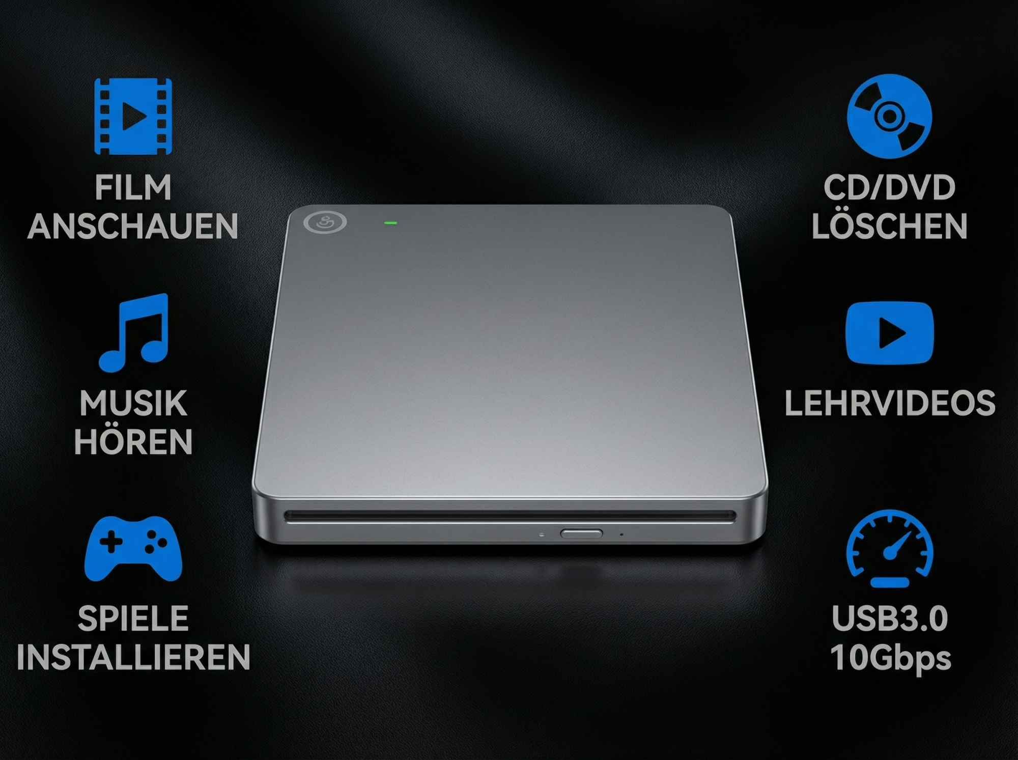 Silbernes externes Laufwerk mit Symbolen für Filme, Musik, Spiele, Löschen, Videos und USB 3.0.