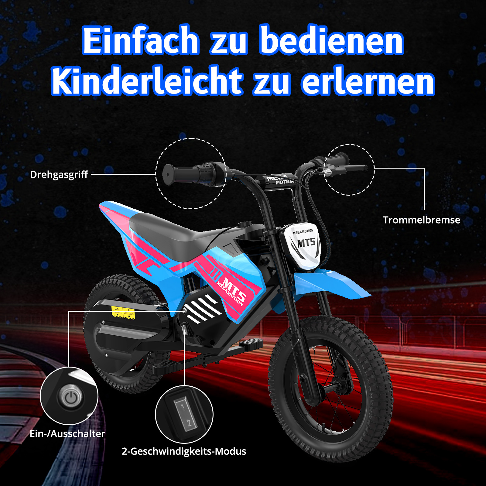 Blau-pinkes Kinder-Dirtbike mit Bedienelementen.