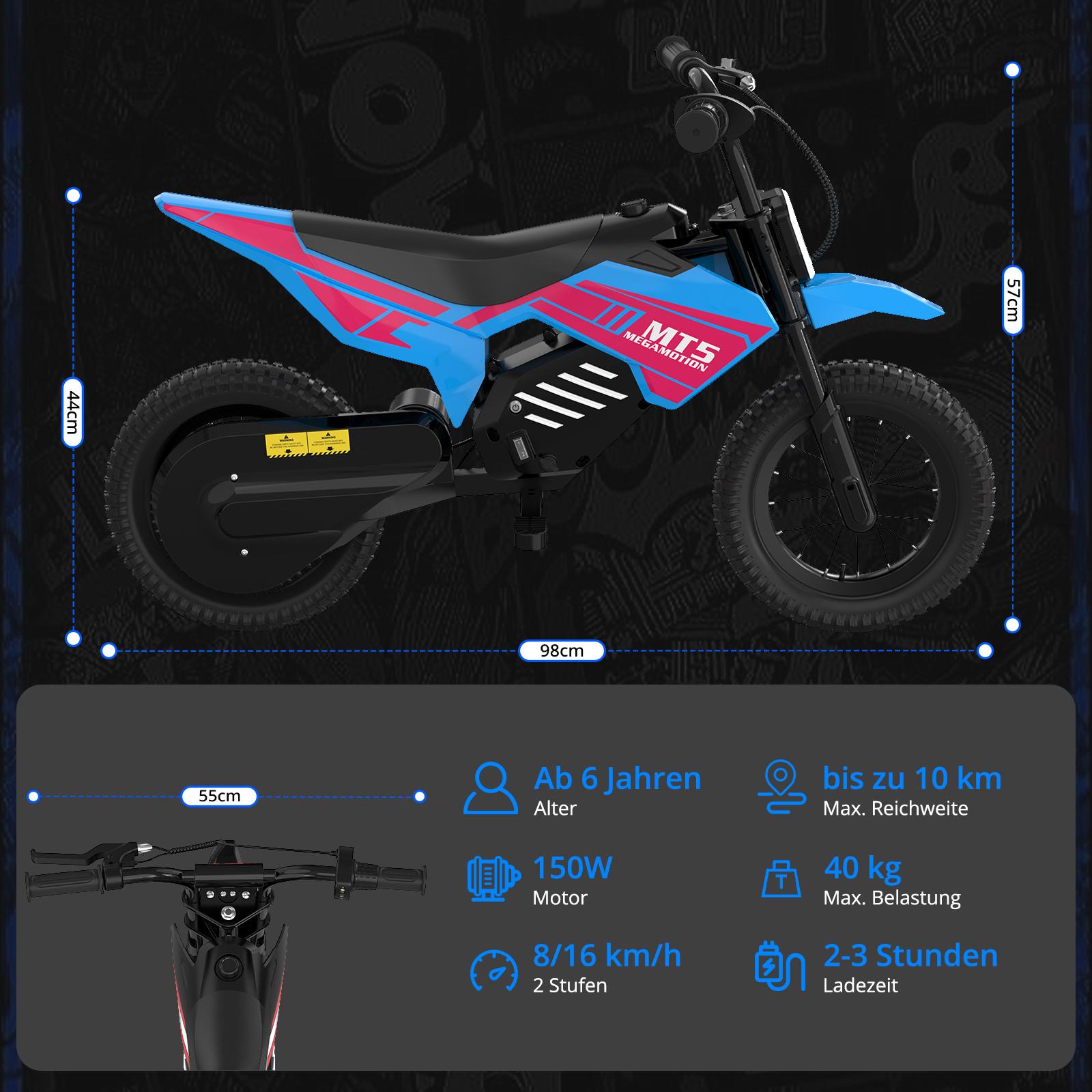 Ein blaues und pinkes Kinder-Dirtbike mit Spezifikationen für Alter, Reichweite und Motor.
