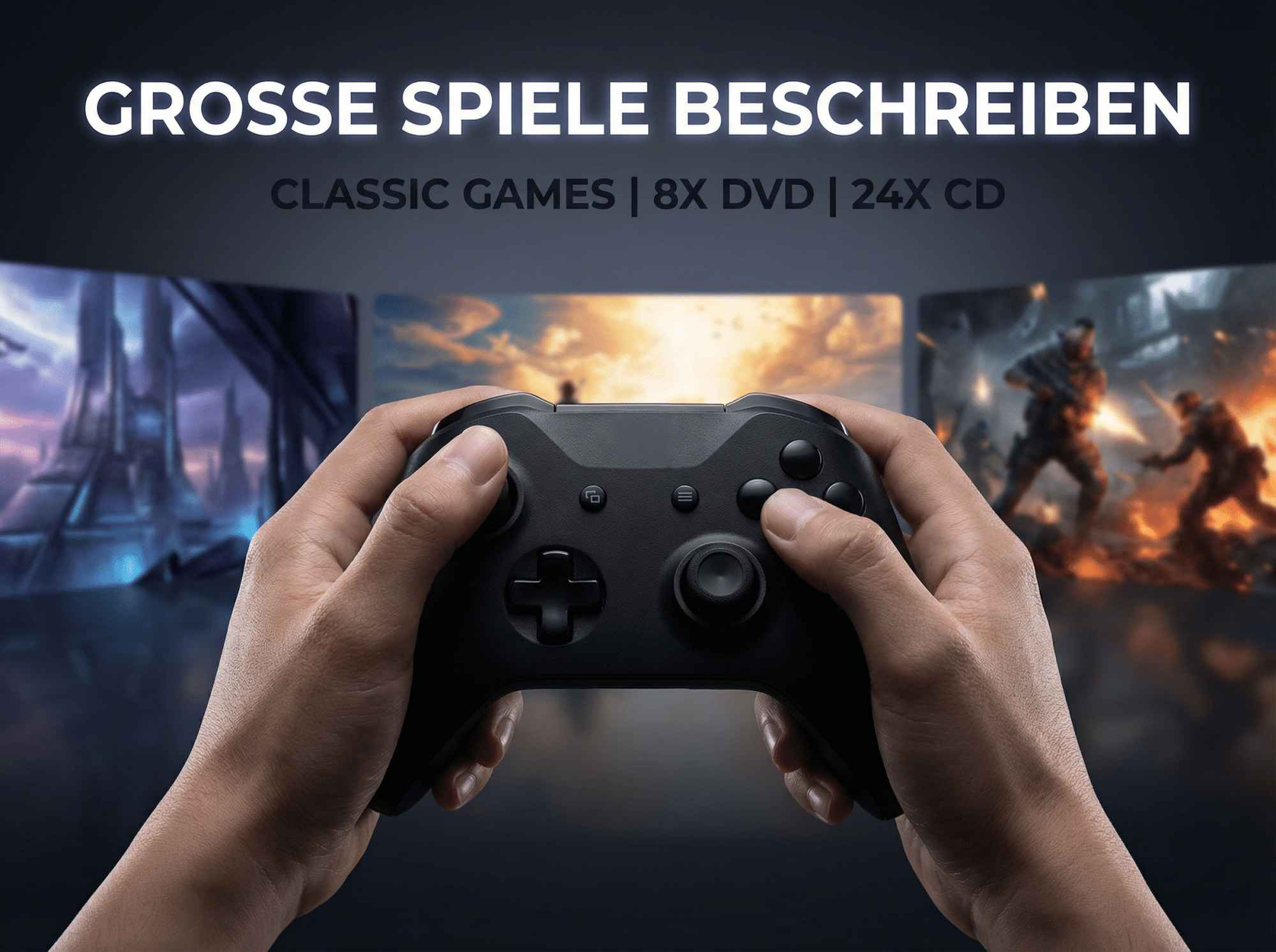 Hände halten einen schwarzen Controller vor drei Spielbildschirmen.