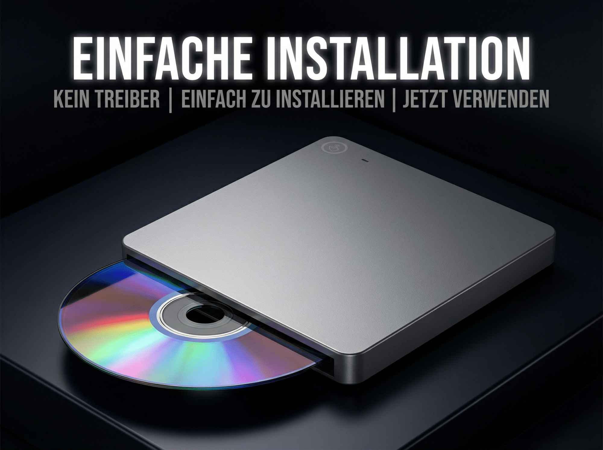 Silbernes externes Laufwerk mit CD, einfache Installation.
