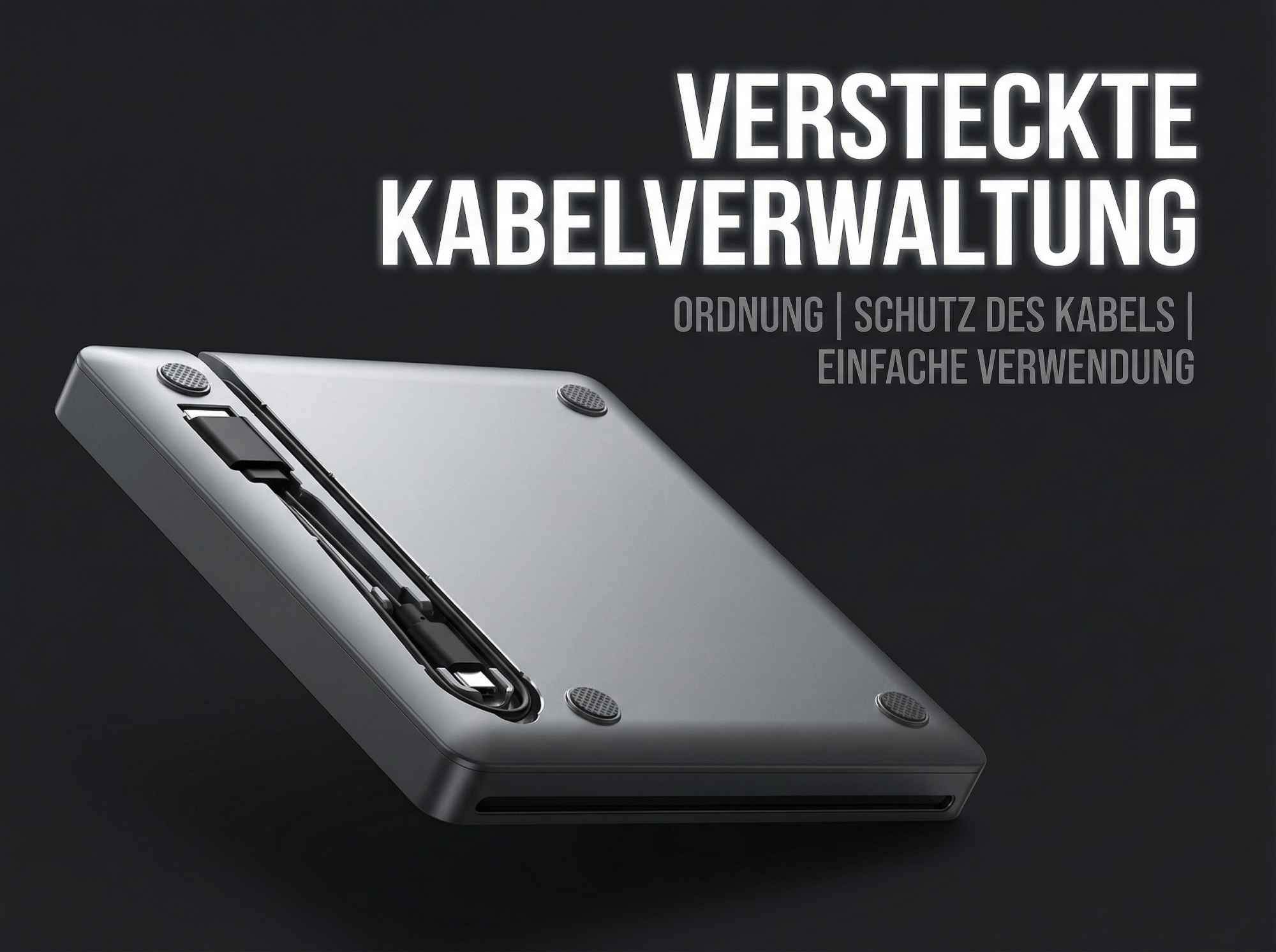 Graues Kabelmanagement-Gerät mit eingestecktem Kabel auf dunklem Hintergrund.