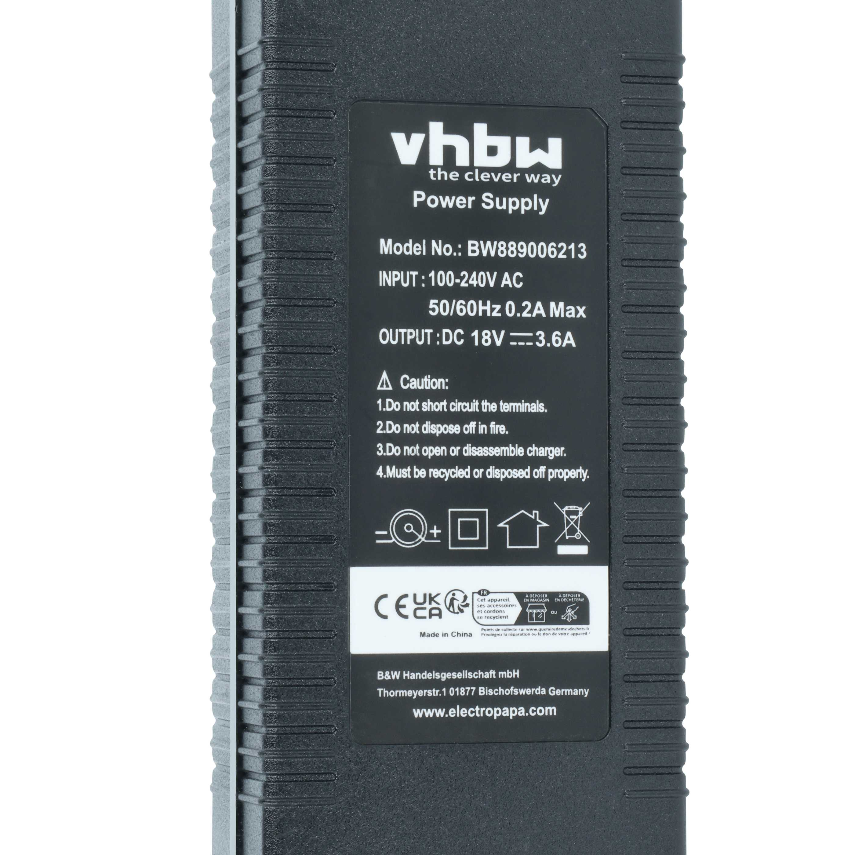 Schwarzes Netzteil mit Beschriftung, Modell BW889006213, 100-240V AC Eingangsspannung.