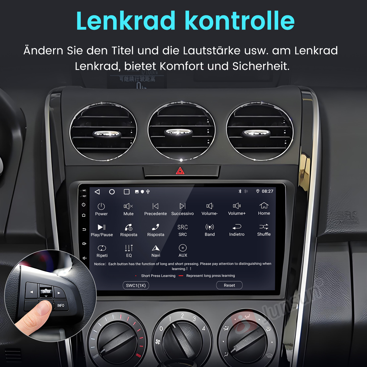 Ein Auto-Infotainmentsystem mit Lenkradsteuerung und Touchscreen.