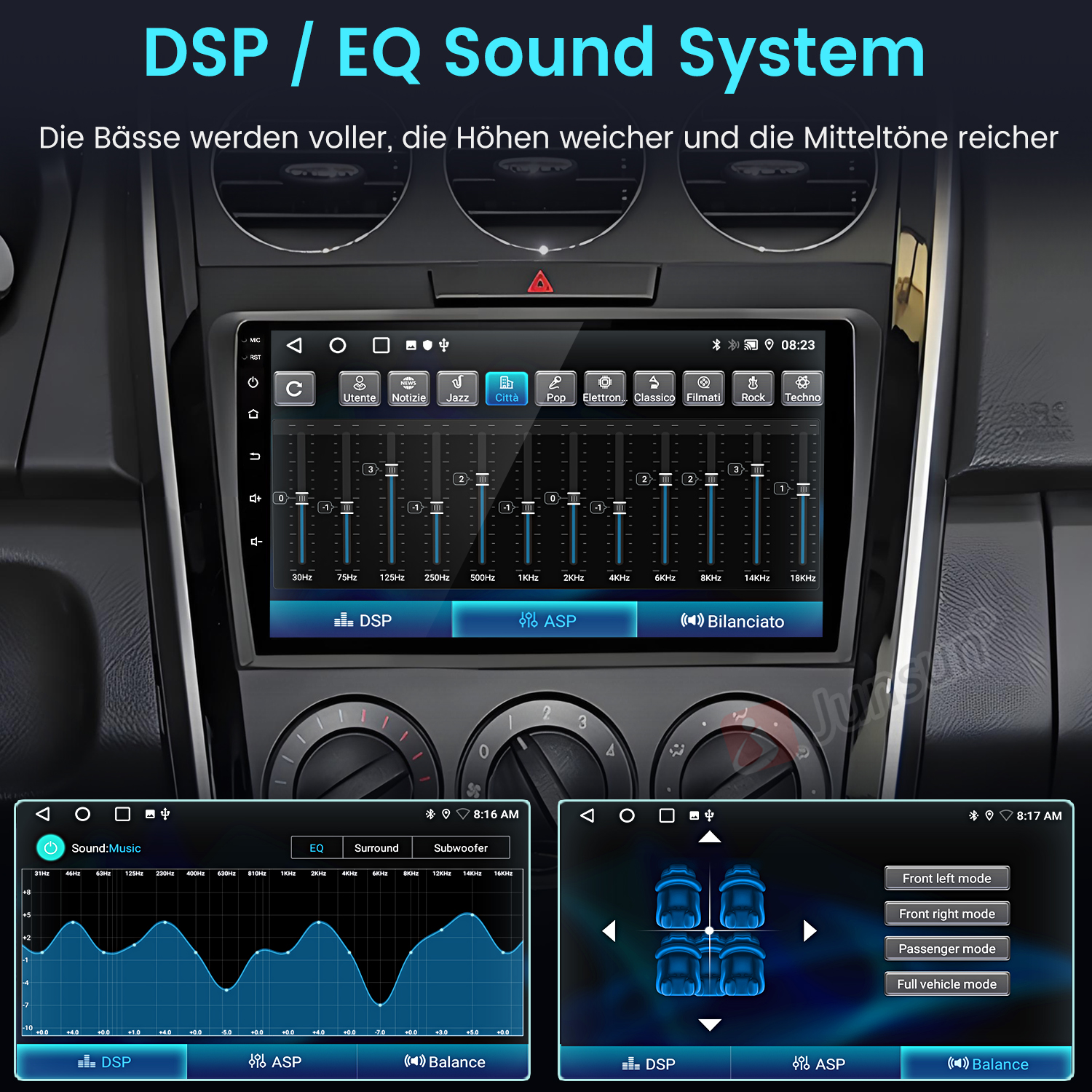 Auto-Infotainmentsystem mit EQ und DSP-Einstellungen für Musik.