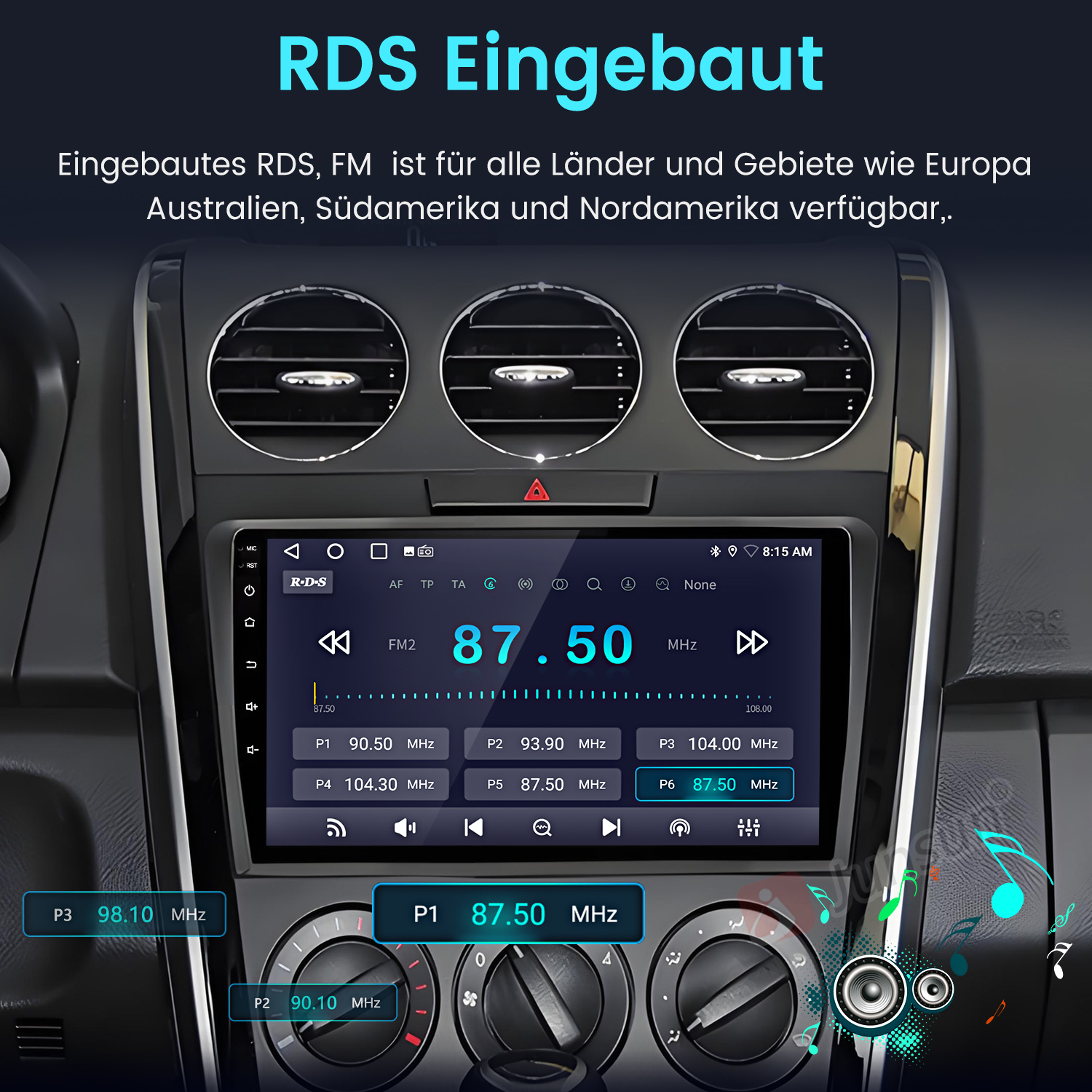 Einbau-Autoradio mit RDS und FM-Funktion. Zeigt Senderfrequenzen an.