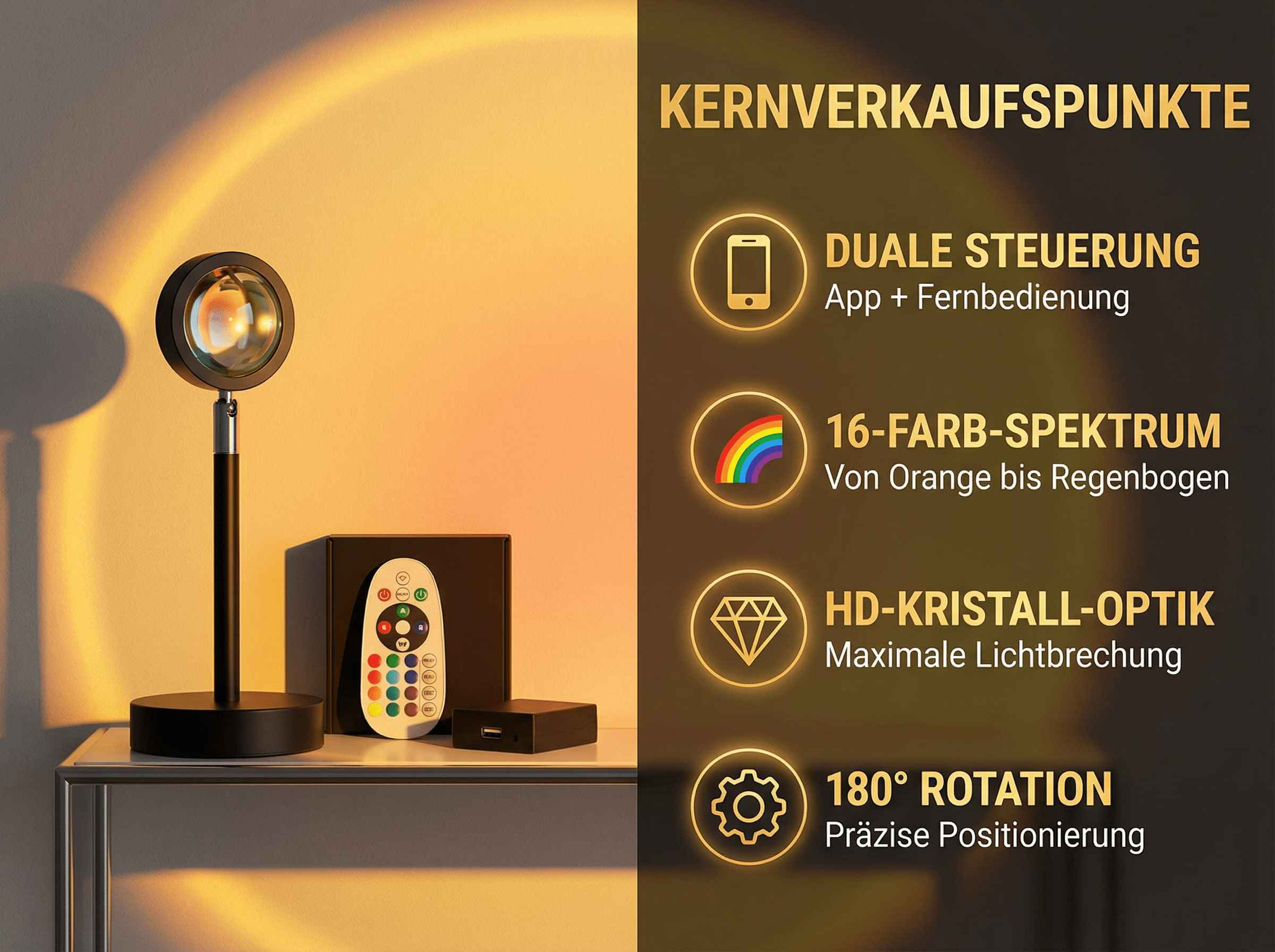 Eine Stehlampe projiziert einen orangen Lichtbogen auf eine Wand. Daneben liegen eine Fernbedienung und ein schwarzer Kasten.