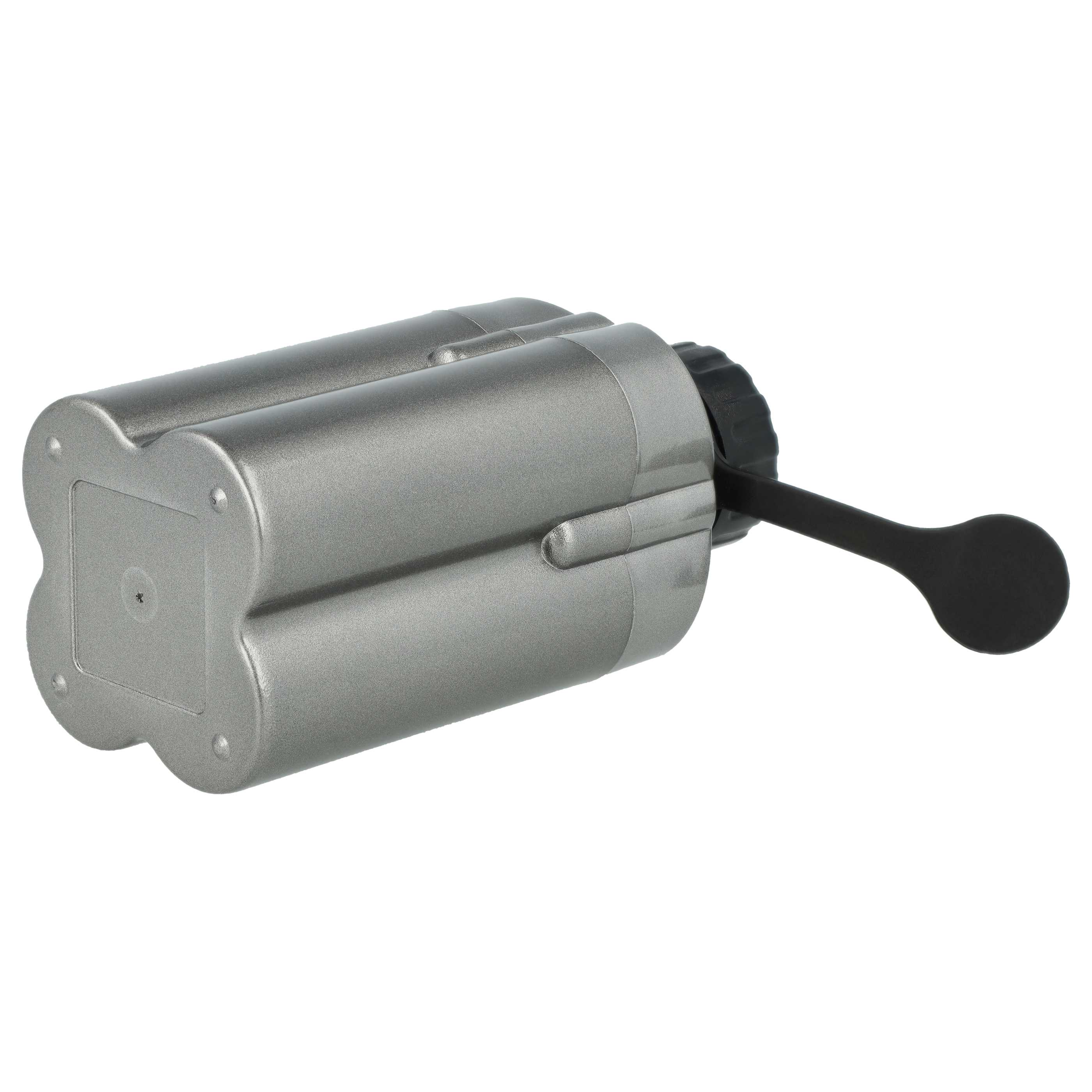 Graues Batteriefach mit schwarzem Hebel und Drehknopf.