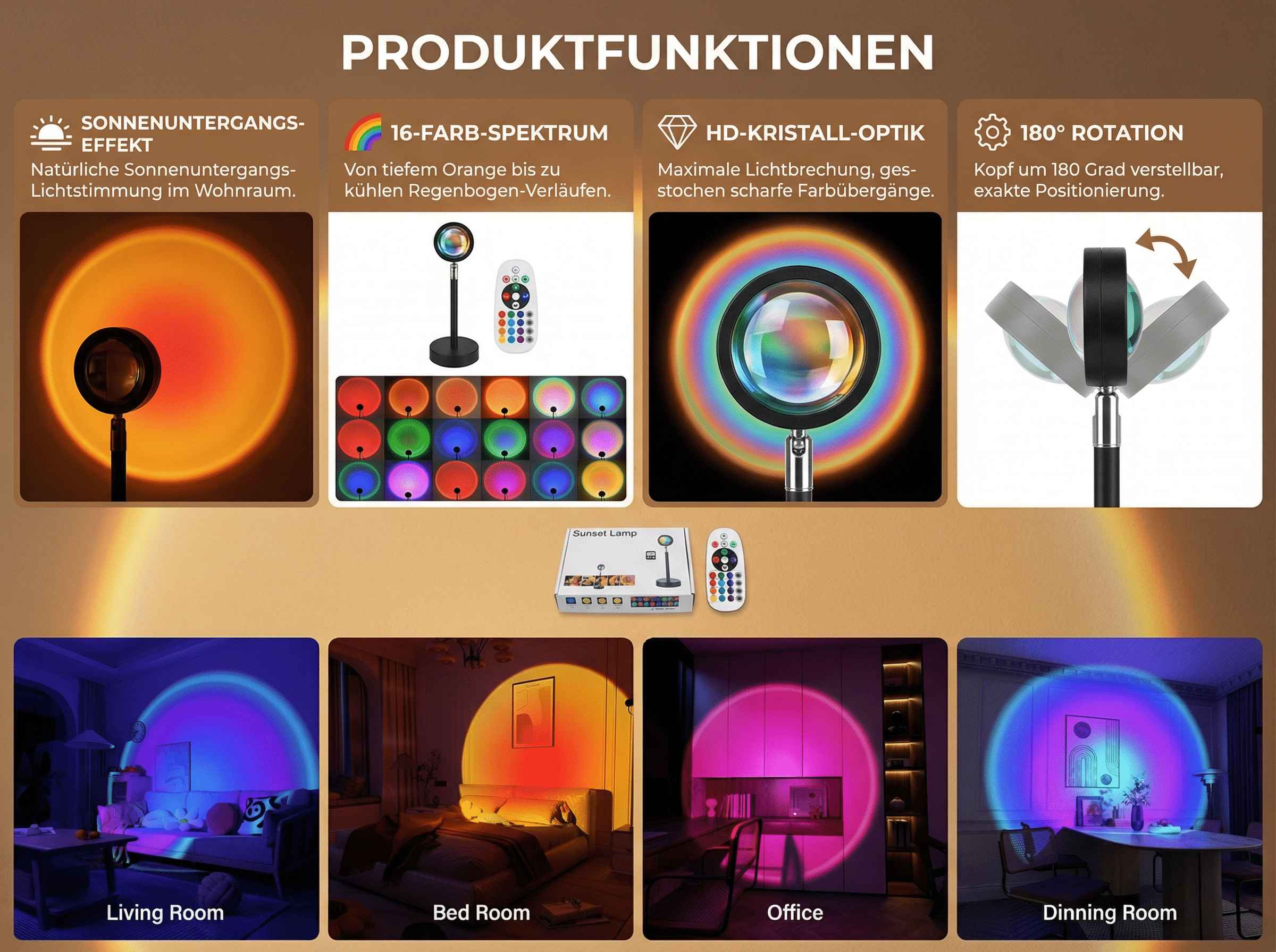 Produktfunktionen: Sonnenuntergangseffekt, 16 Farben, HD-Optik, 180° Drehung.