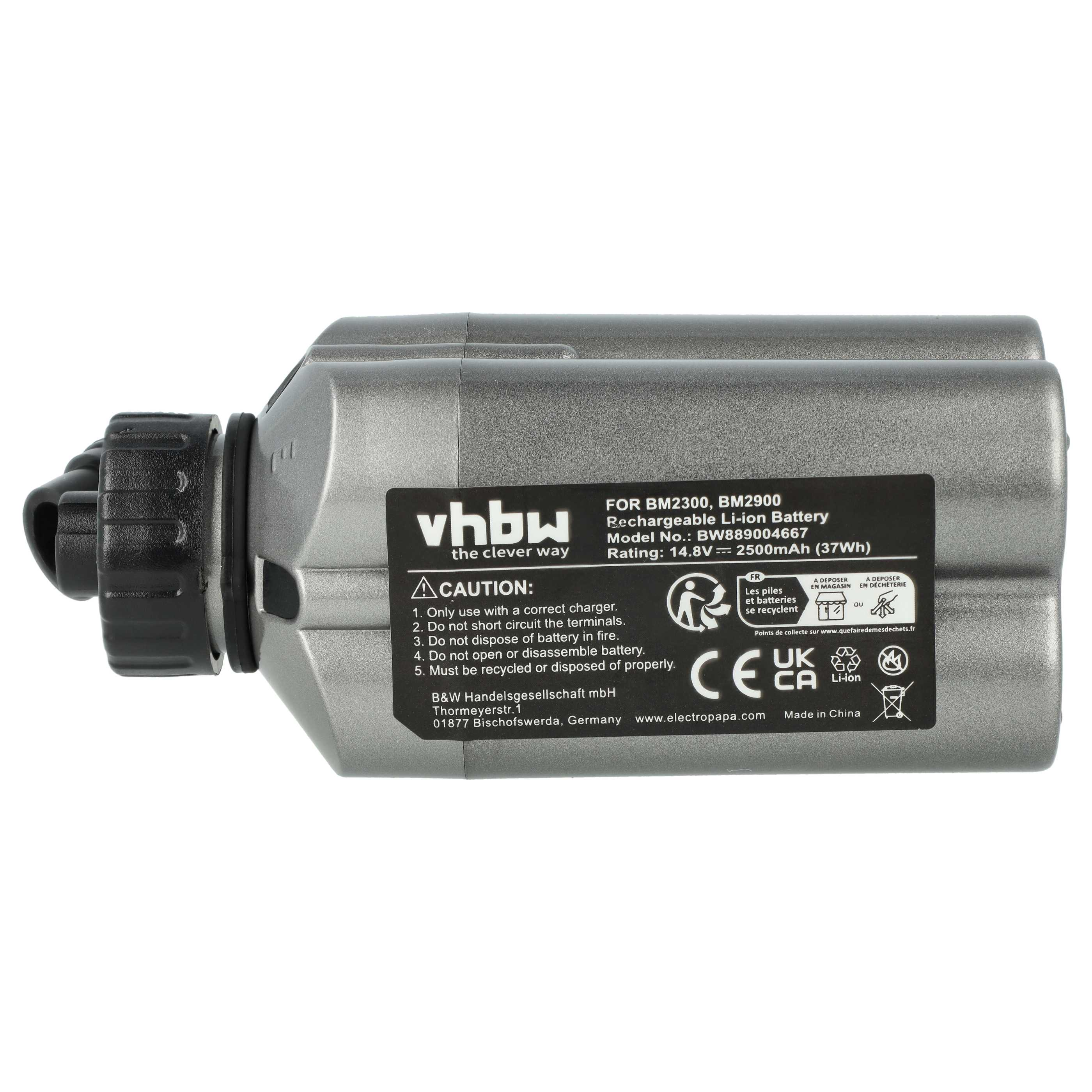 Grauer Li-Ion-Akku für BM2300/BM2900 mit Warnhinweisen und Markierungen.