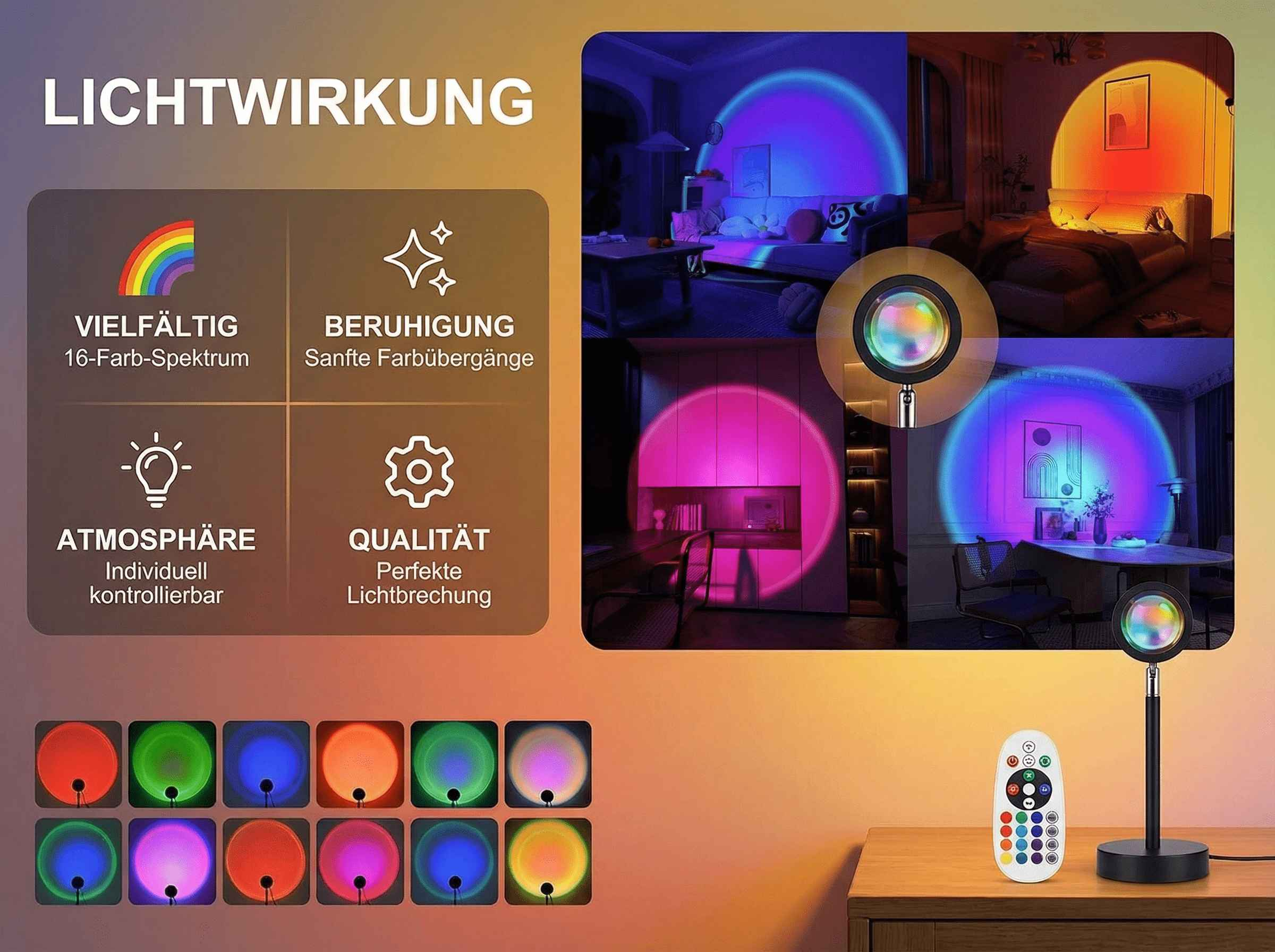 Produktwerbung für eine Lampe mit vielen Farboptionen und Fernbedienung.