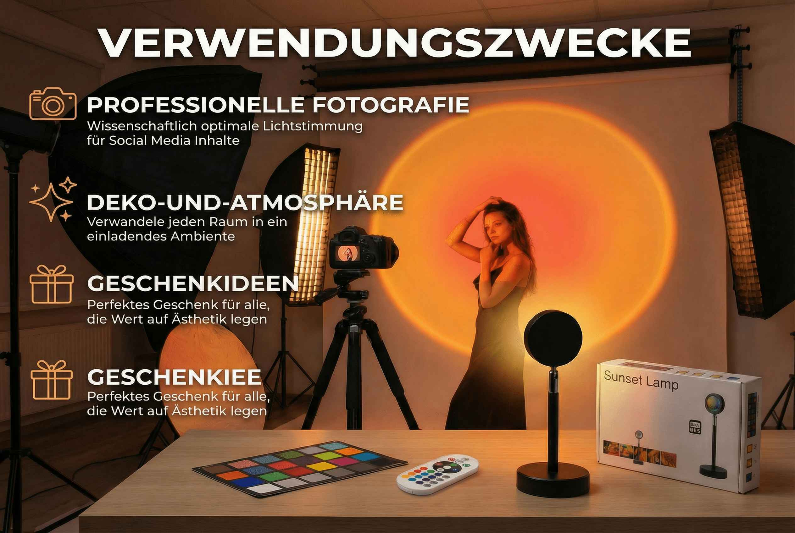 Ein Fotoset mit Licht, Kamera und Model für professionelle Fotografie und Deko.