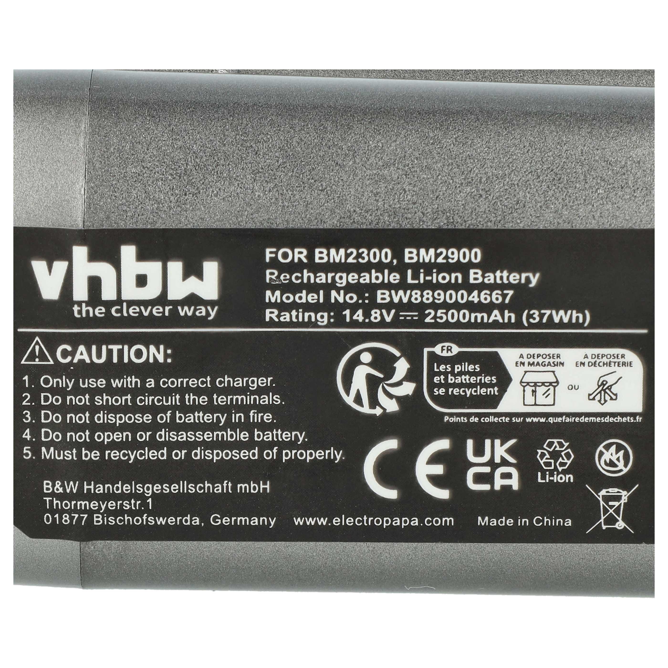 Schwarz-weiße Li-Ion-Batterie mit VHBW-Logo, Warnhinweisen und technischen Daten.