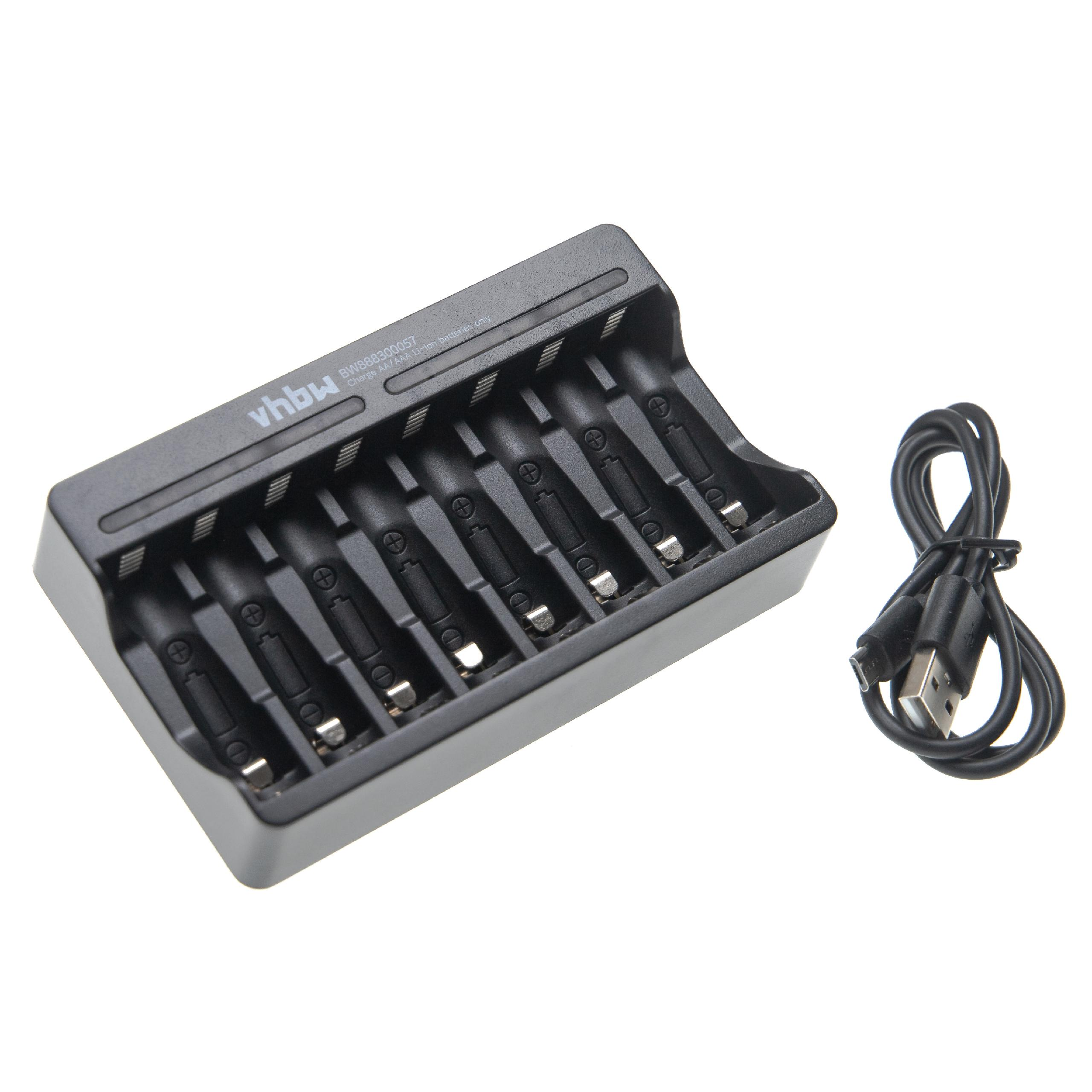 Schwarzes Ladegerät für AA/AAA Batterien mit USB-Kabel.