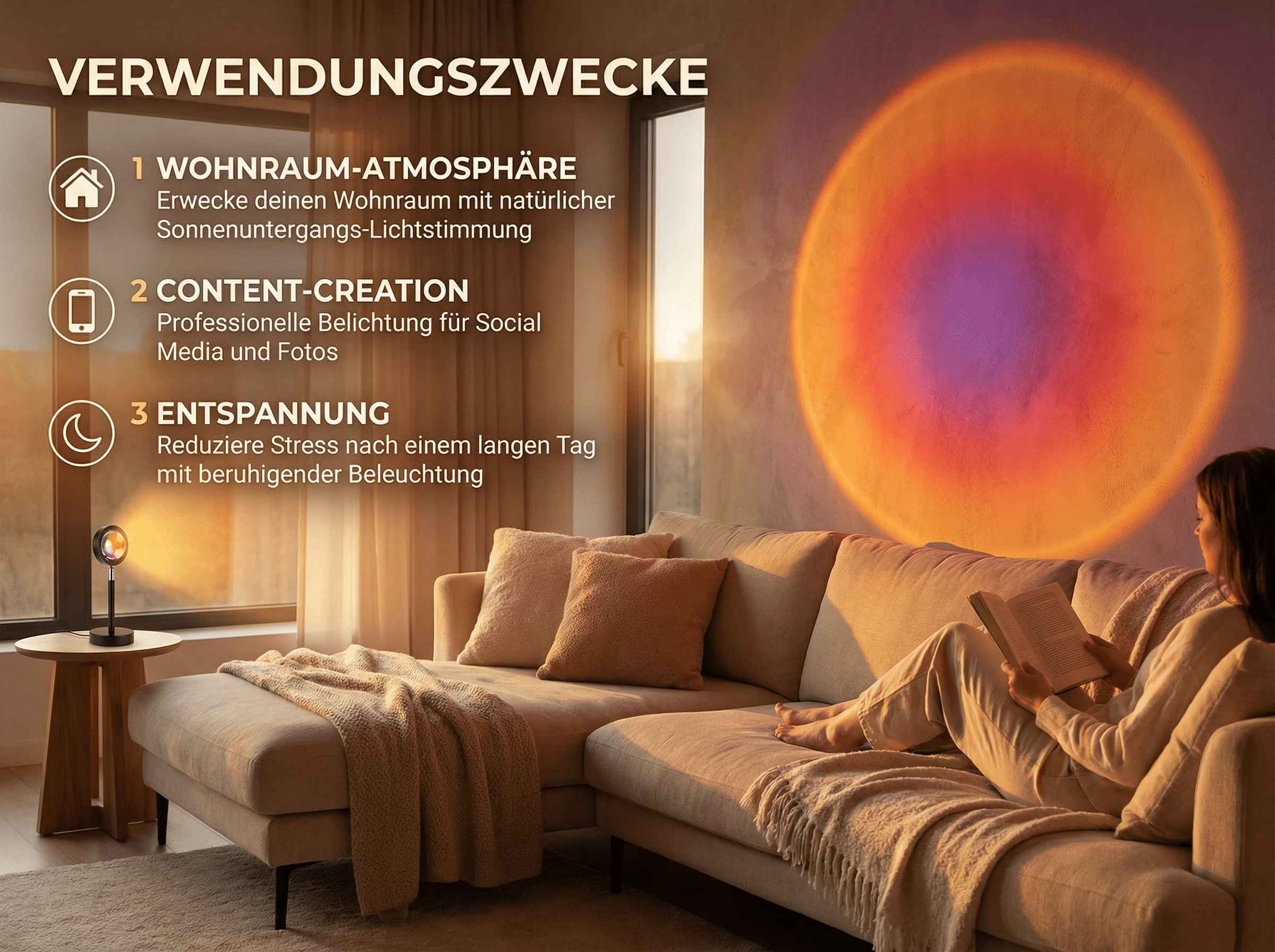 Eine Frau liest auf einem Sofa, beleuchtet von einer Sonnenuntergangslampe.