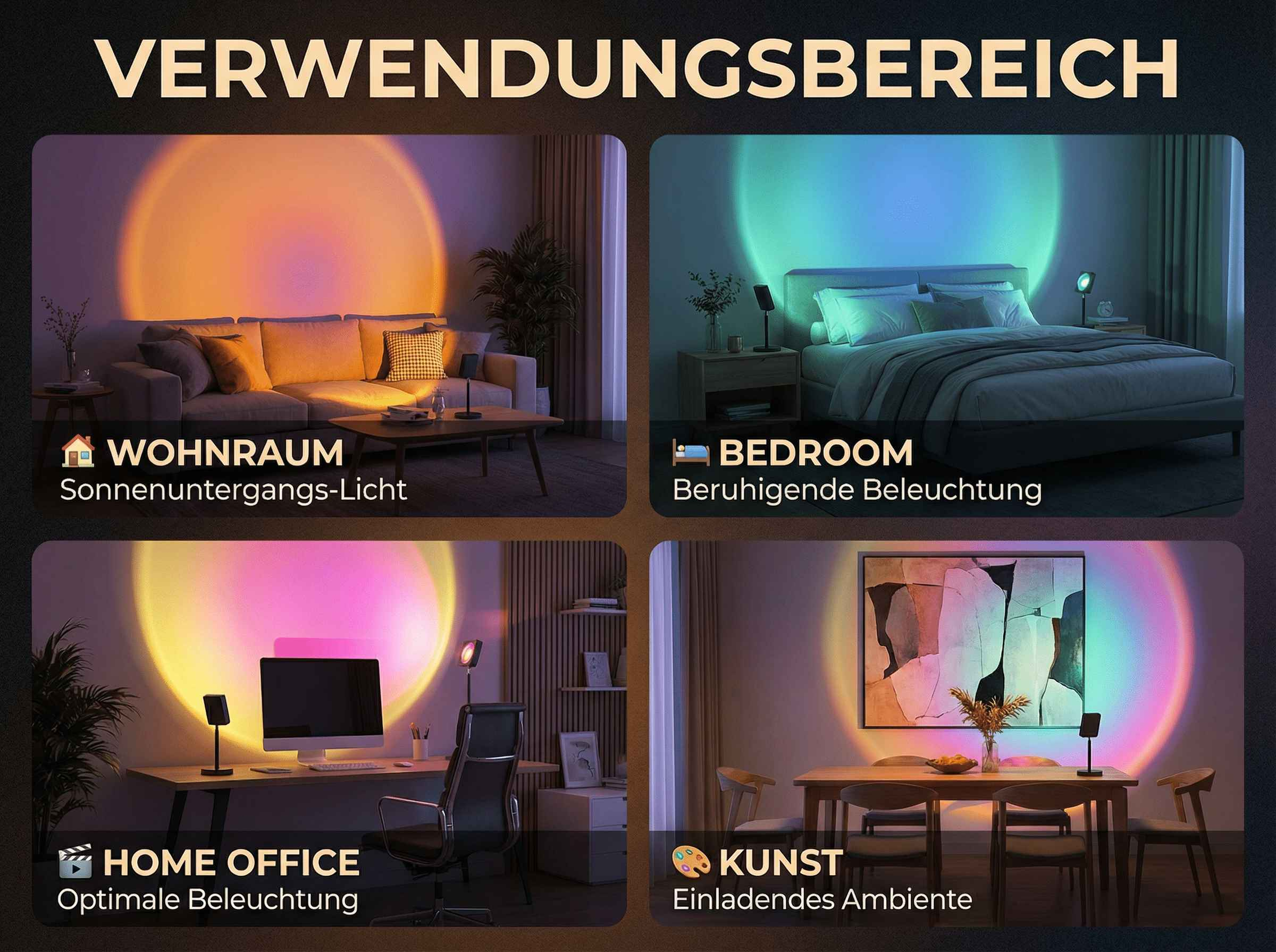 Vier Szenen zeigen Lampen mit Farbverläufen in Wohnraum, Schlafzimmer, Büro und Esszimmer.