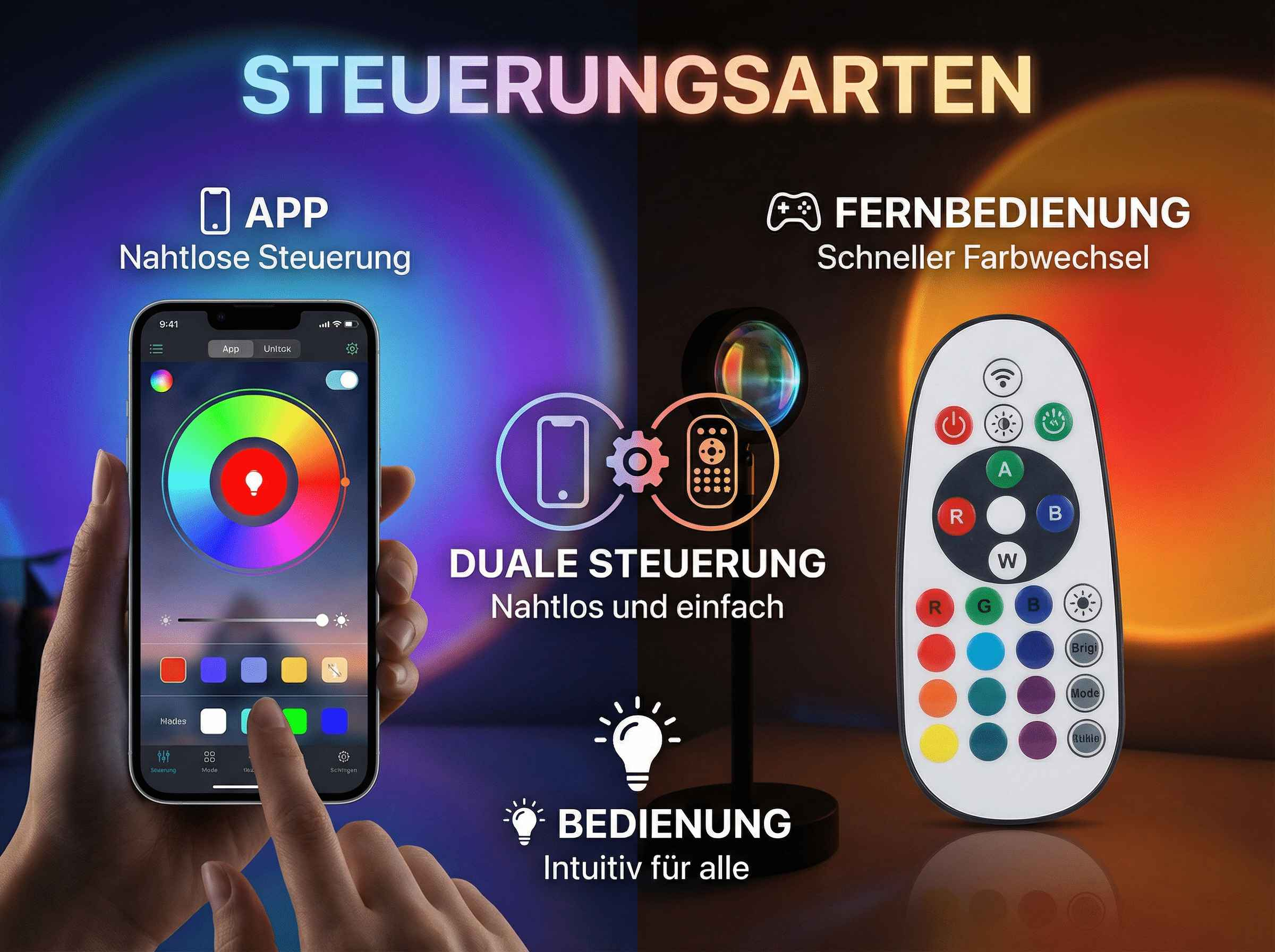App und Fernbedienung zur Steuerung von Lichteffekten mit Farbwechsel.
