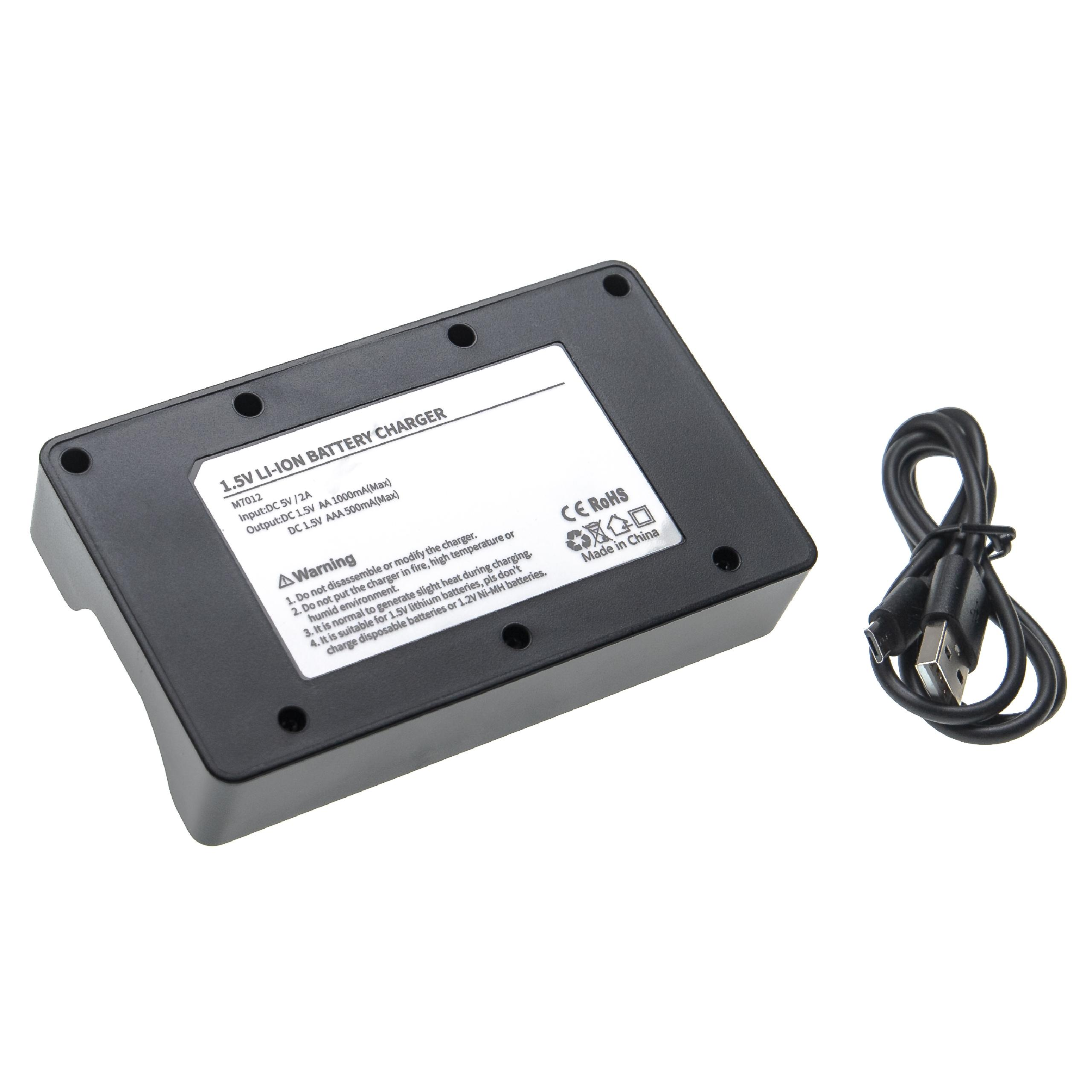 Ein schwarzes Ladegerät für 1,5V Li-Ion-Akkus mit USB-Kabel.