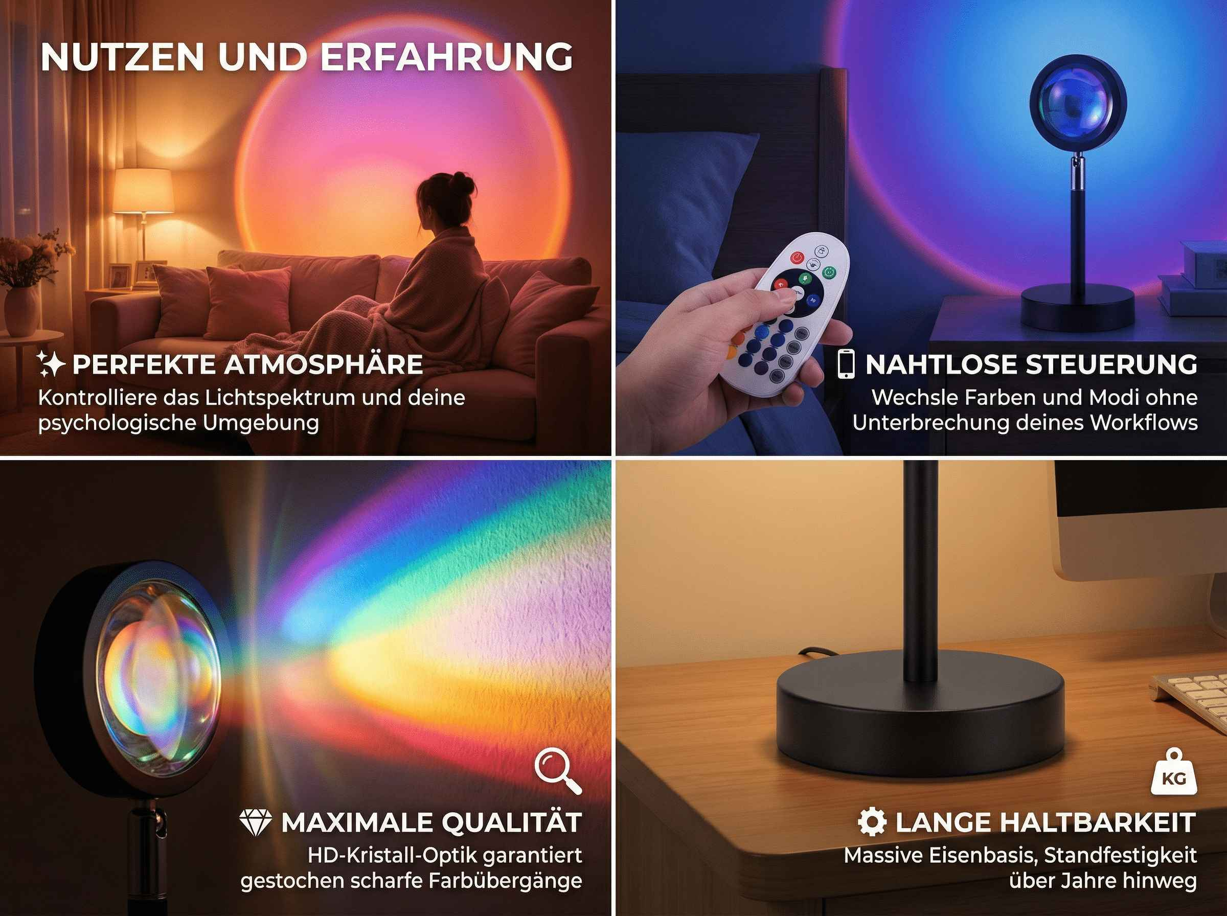 Vier Bilder zeigen eine Lampe mit Farbwechsel, Fernbedienung und Effekten.