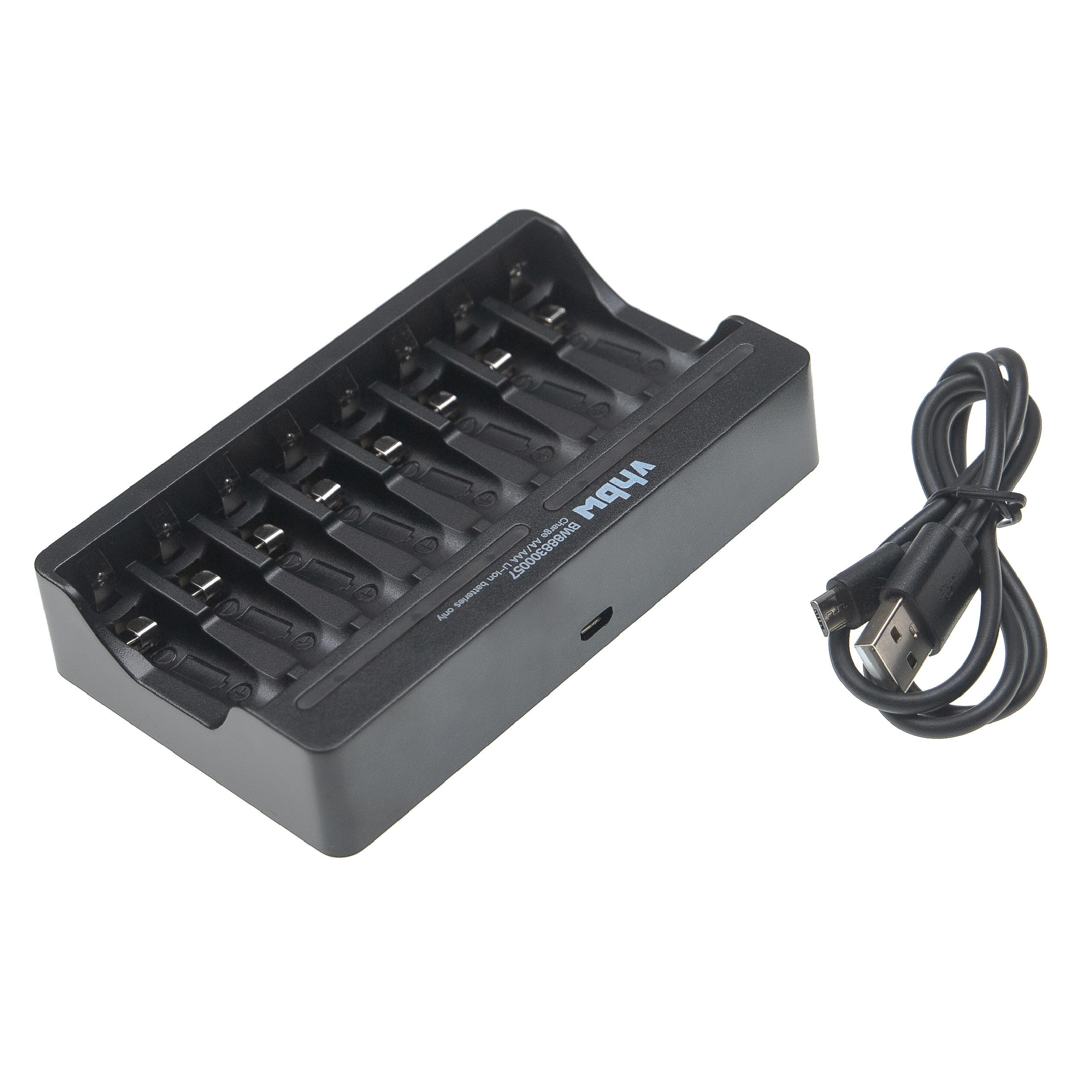 Ein schwarzes Ladegerät mit mehreren Steckplätzen und ein USB-Kabel.