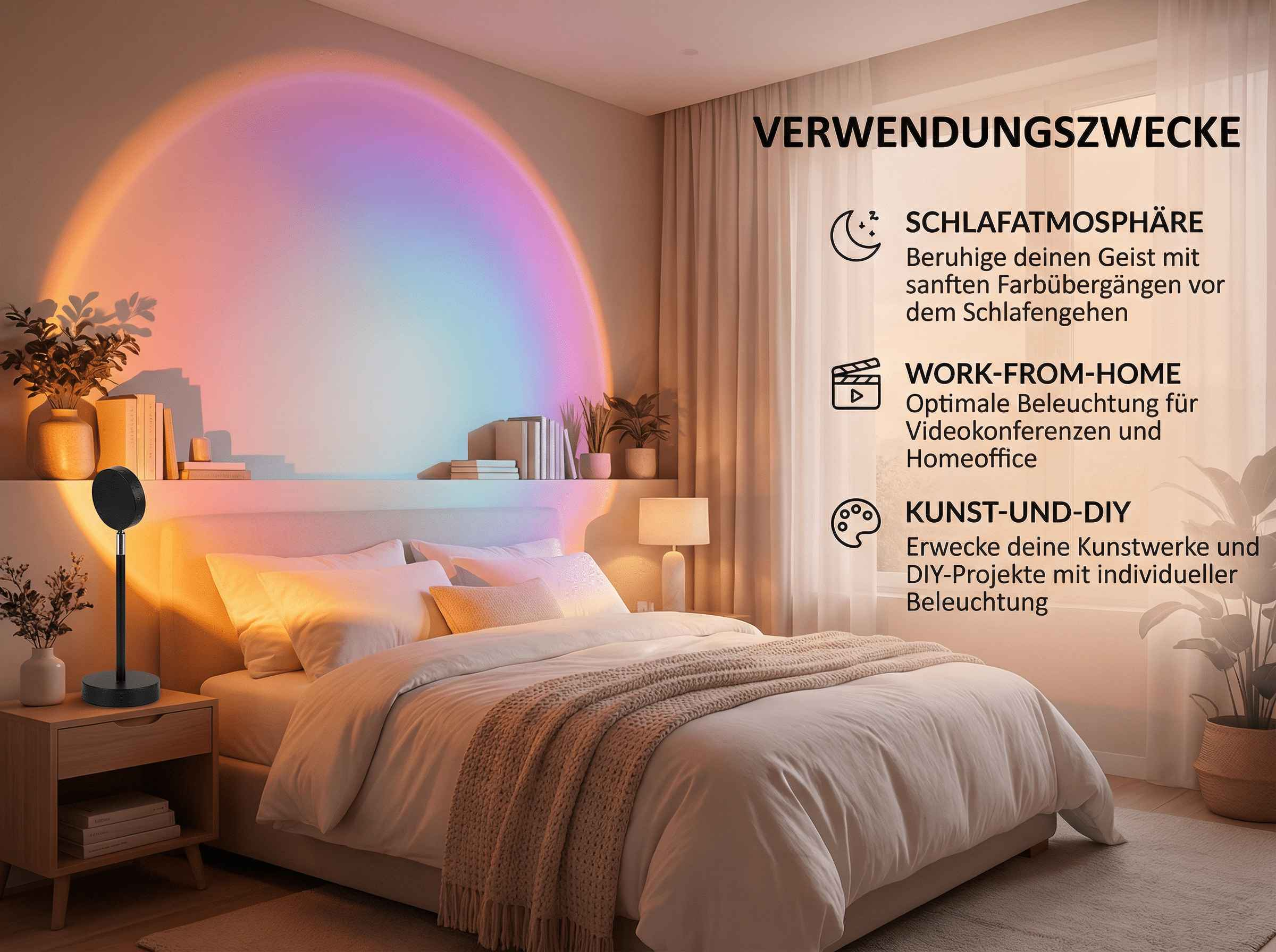 Ein Schlafzimmer mit einem Bett, das von einer bunten Lampe beleuchtet wird.