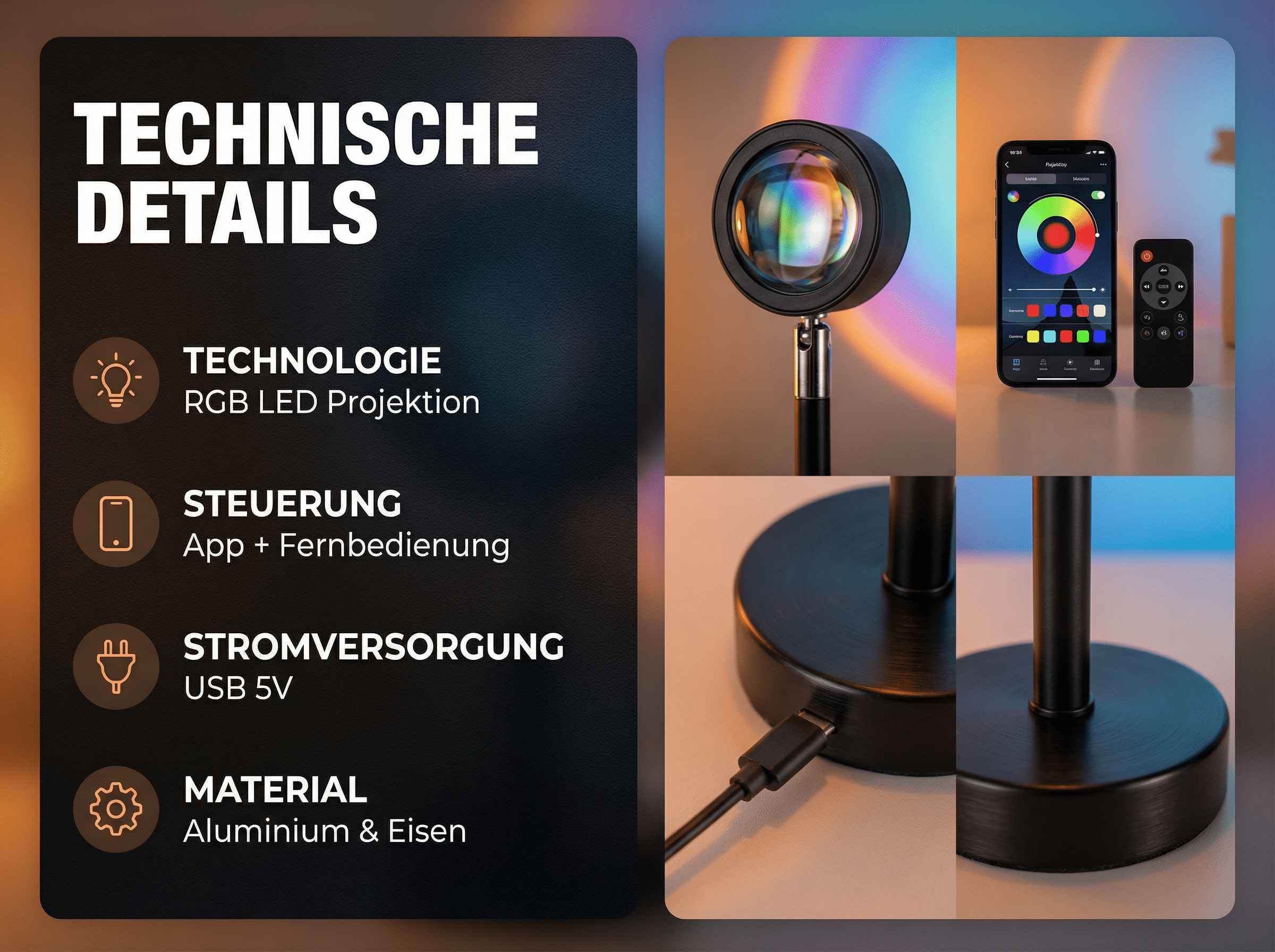 Technische Details: RGB LED Projektion, Steuerung per App/Fernbedienung, USB 5V.