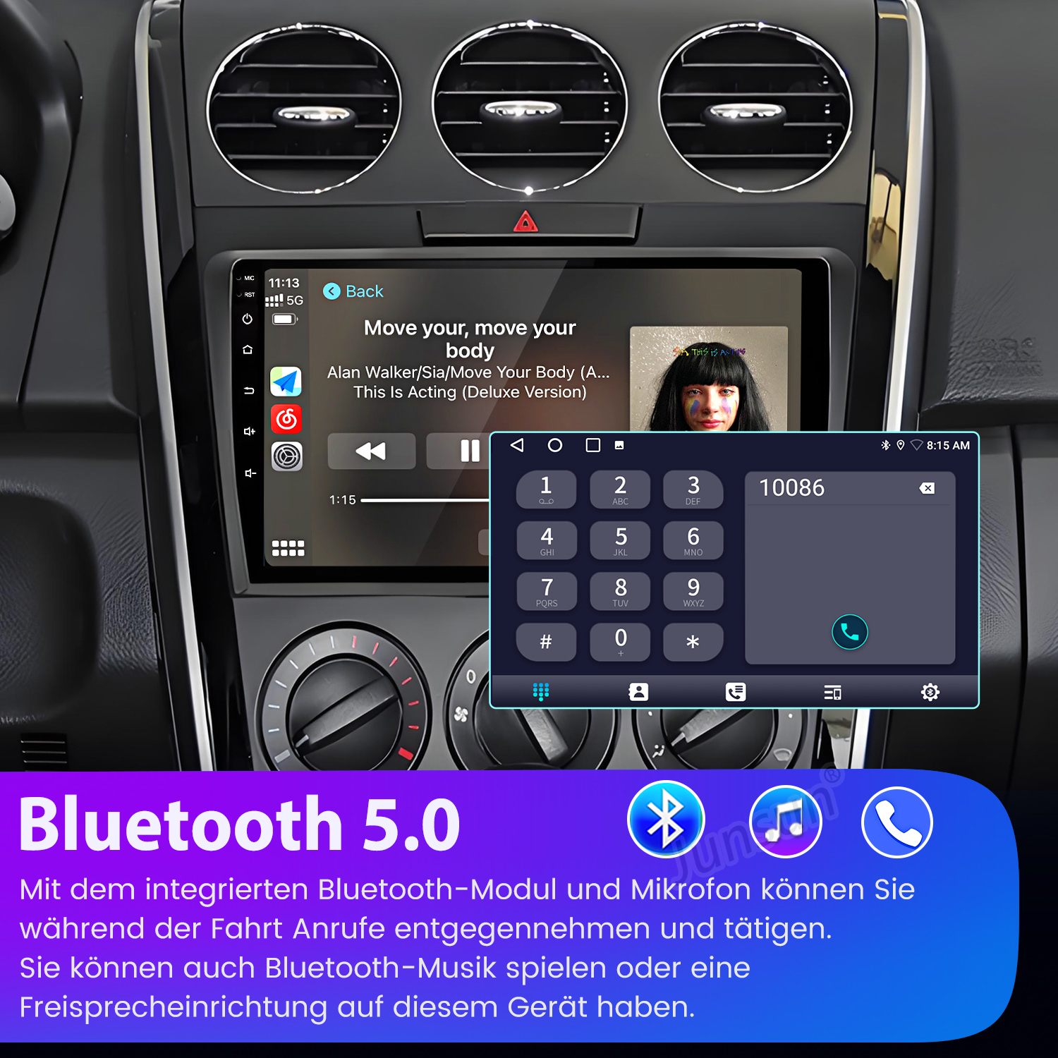 Ein Autoradio zeigt eine Anrufoberfläche mit Nummerntastatur und Musikwiedergabe.
