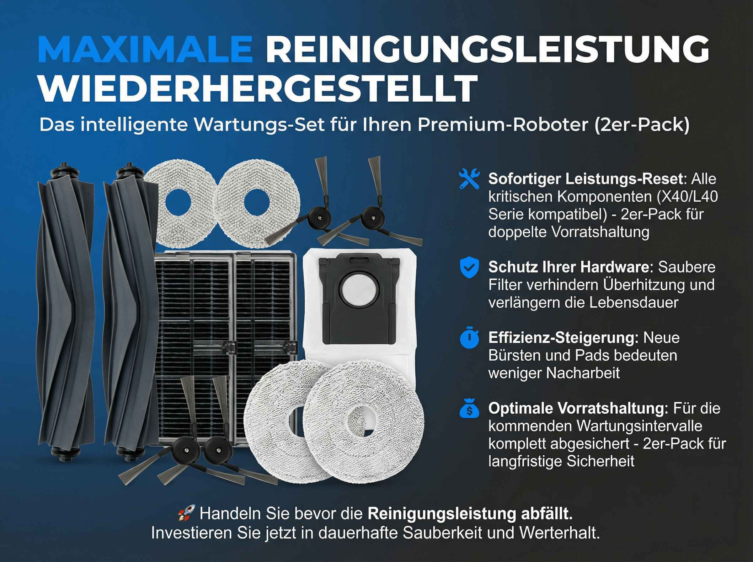 Reinigungs-Set für Saugroboter mit Bürsten, Filtern, Pads und Staubbeuteln.