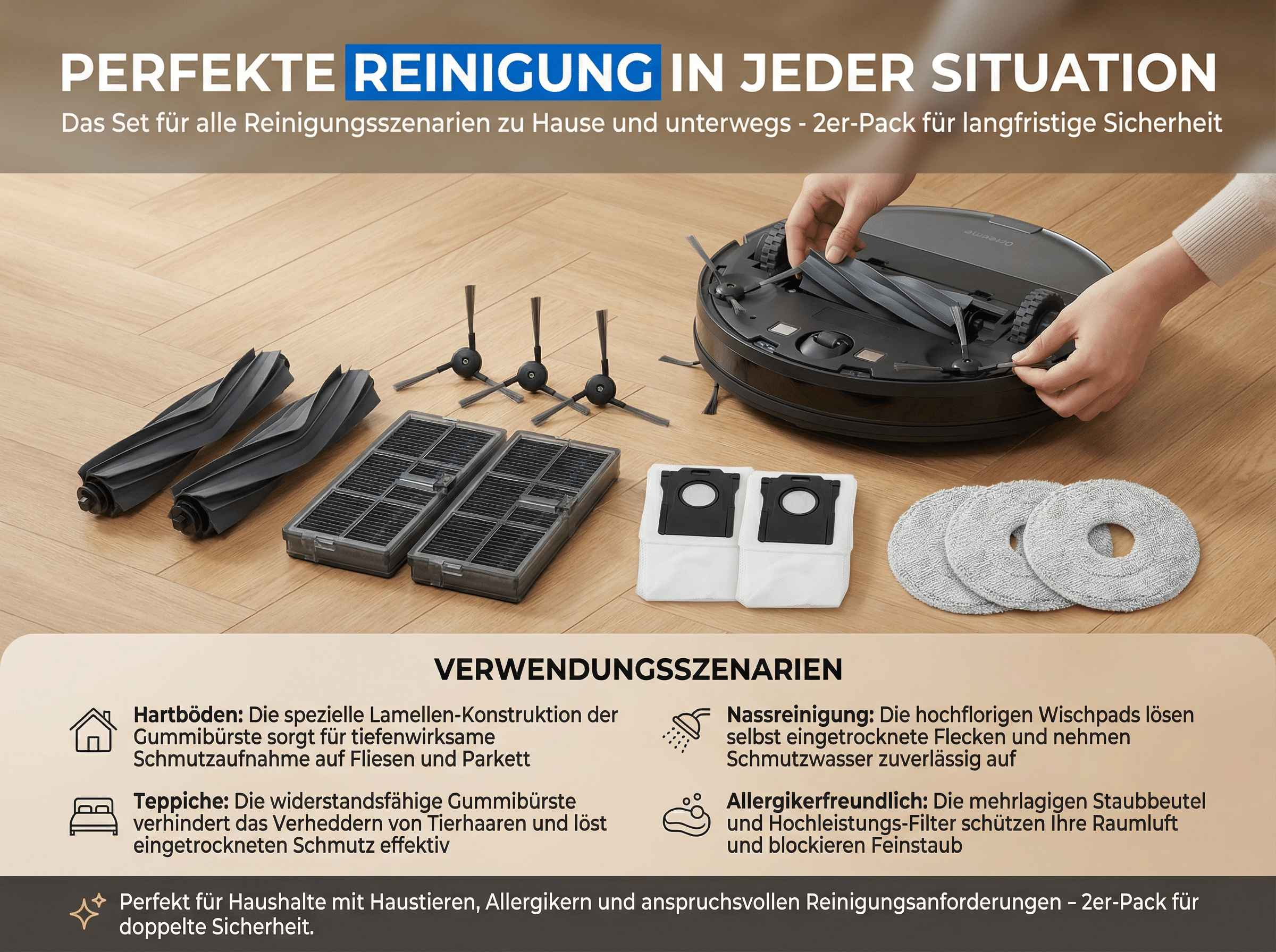 Staubsaugerzubehör: Gummi- und Hauptbürsten, Filter, Staubbeutel und Wischtücher.