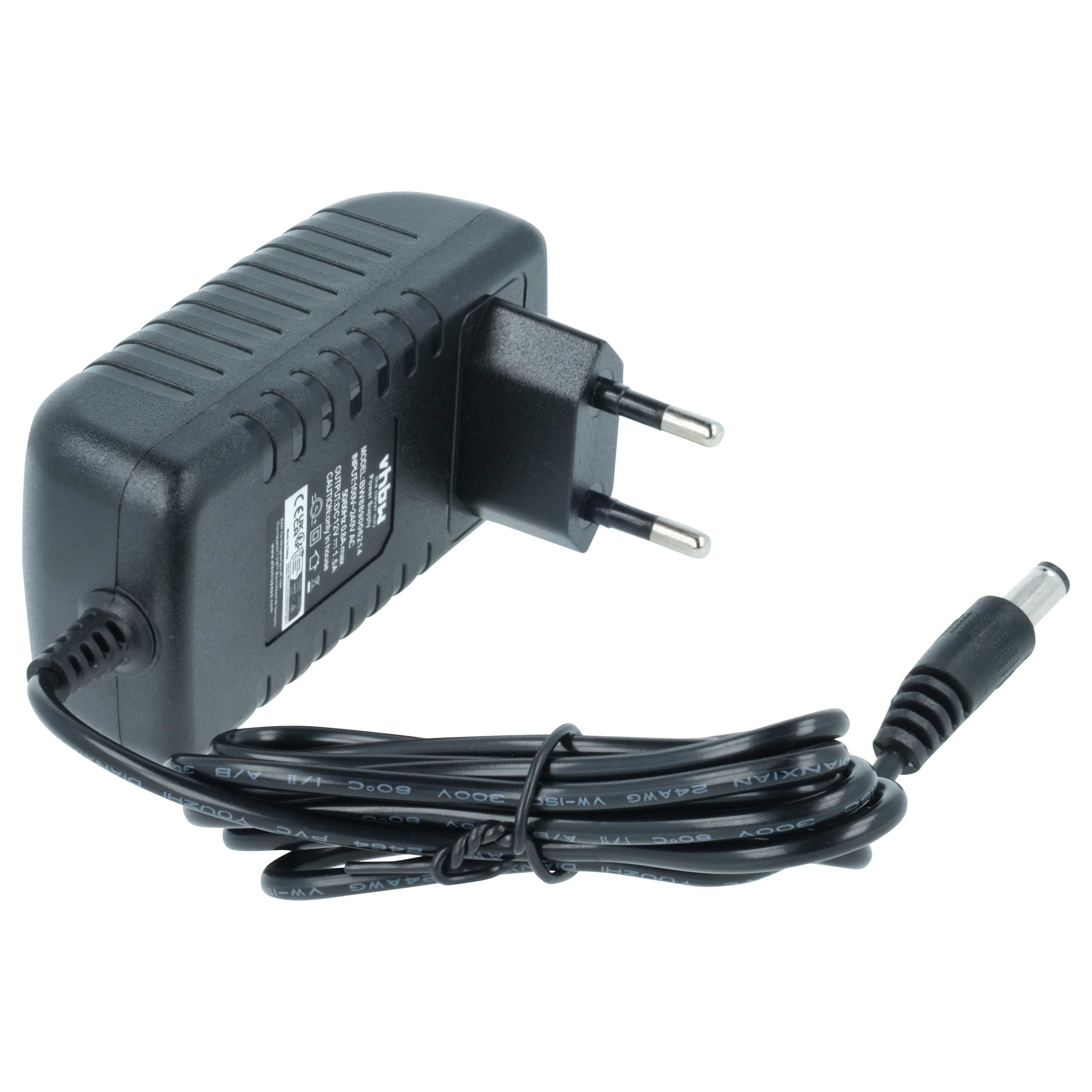 Schwarzes Netzteil mit Eurostecker und rundem DC-Stecker.