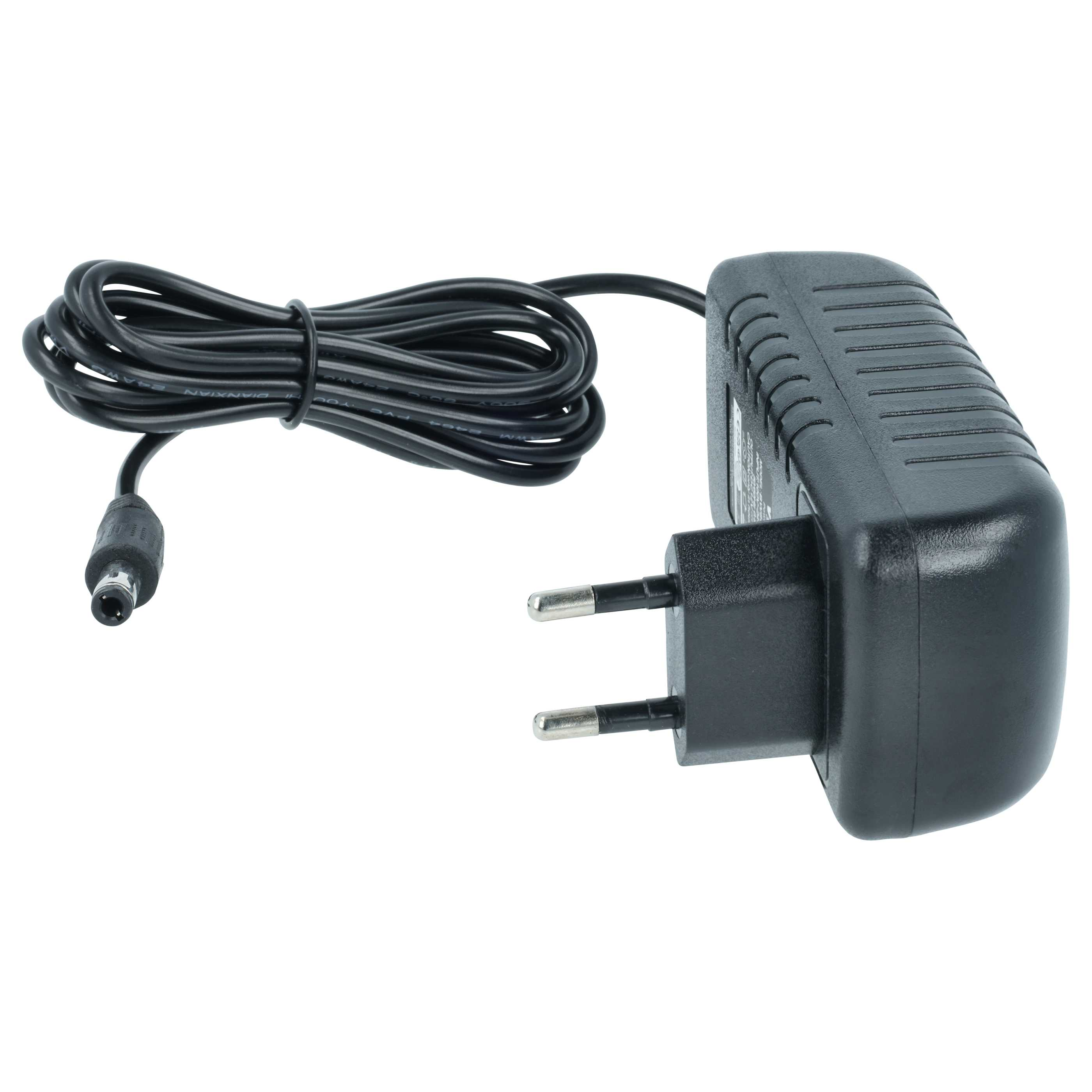 Schwarzes Netzteil mit Kabel und EU-Stecker auf weißem Hintergrund.