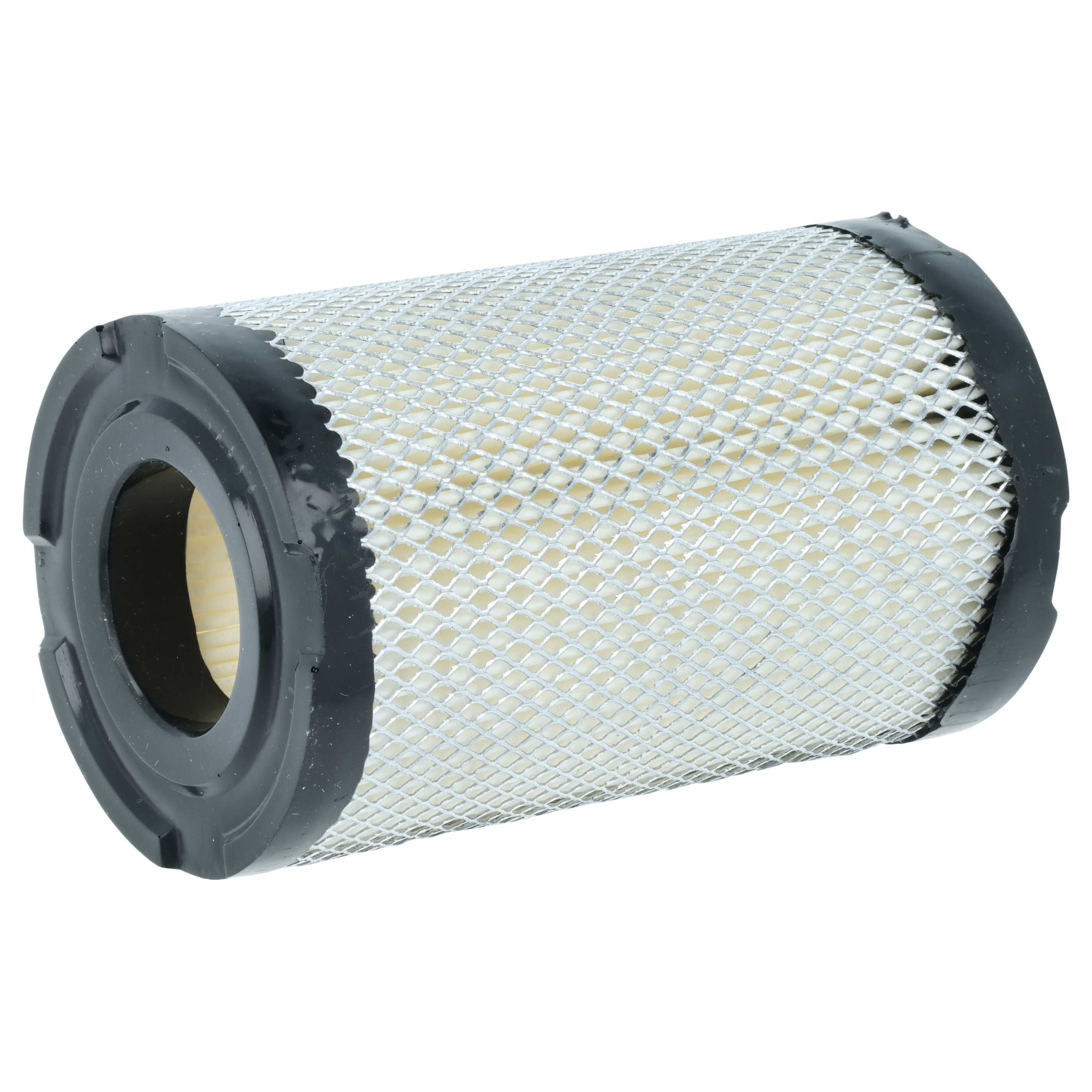Ein zylindrischer Luftfilter mit schwarzen Endkappen und einem silbernen Netz.