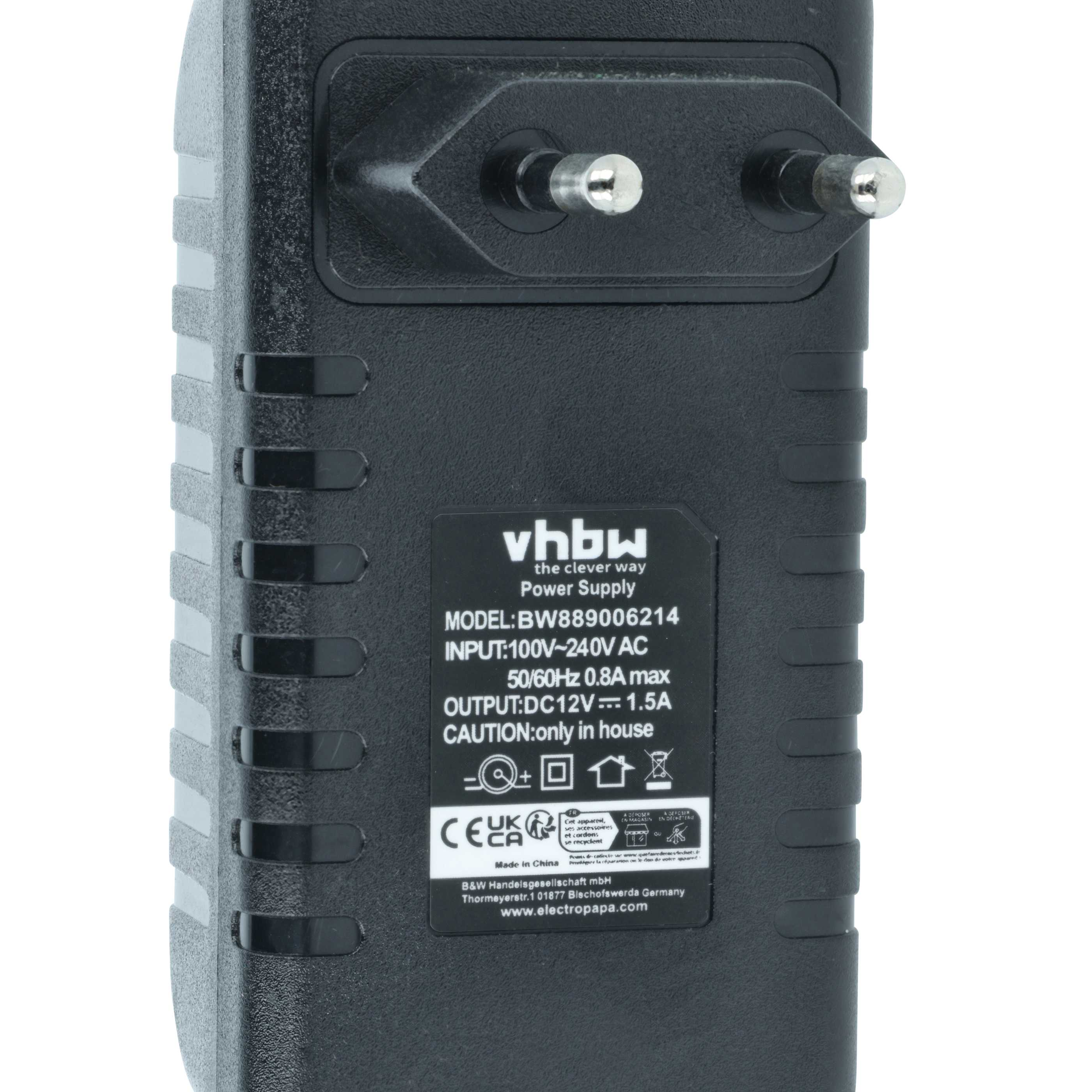 Schwarzes Netzteil mit Eurostecker, Modell BW889006214, 12V.