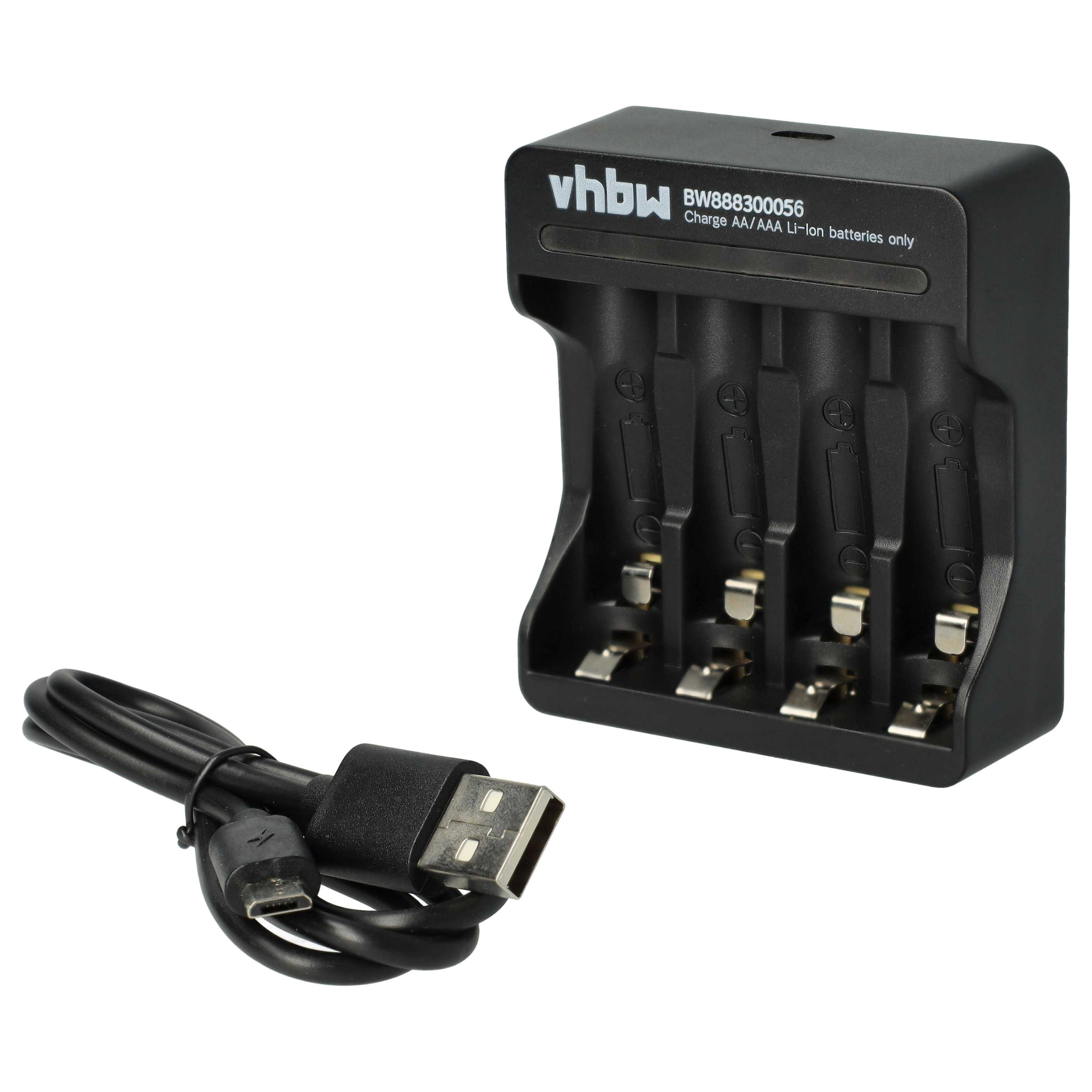 Ein schwarzes Ladegerät für AA/AAA Li-Ion-Batterien mit USB-Kabel.
