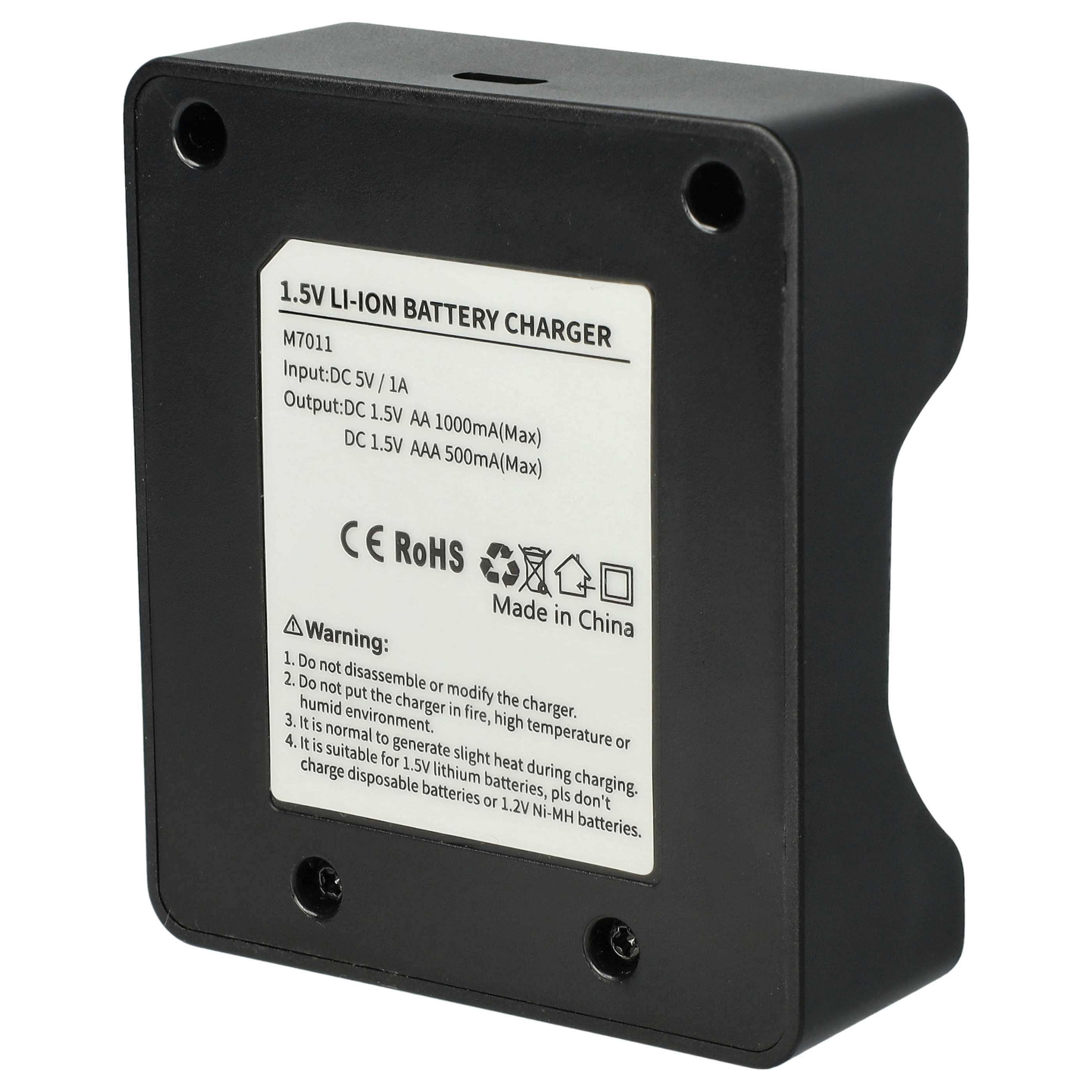 Schwarzes Ladegerät mit Aufkleber: 1,5V Li-Ion, M7011, Made in China.
