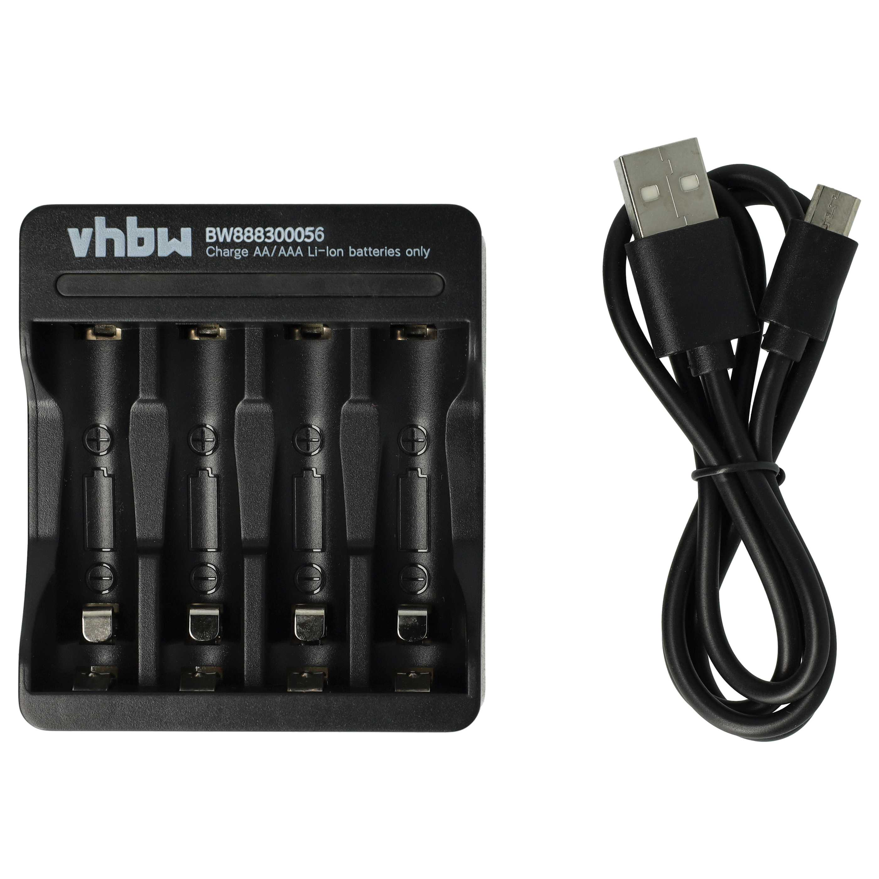 Ein schwarzes Ladegerät mit vier Steckplätzen und ein USB-Kabel.