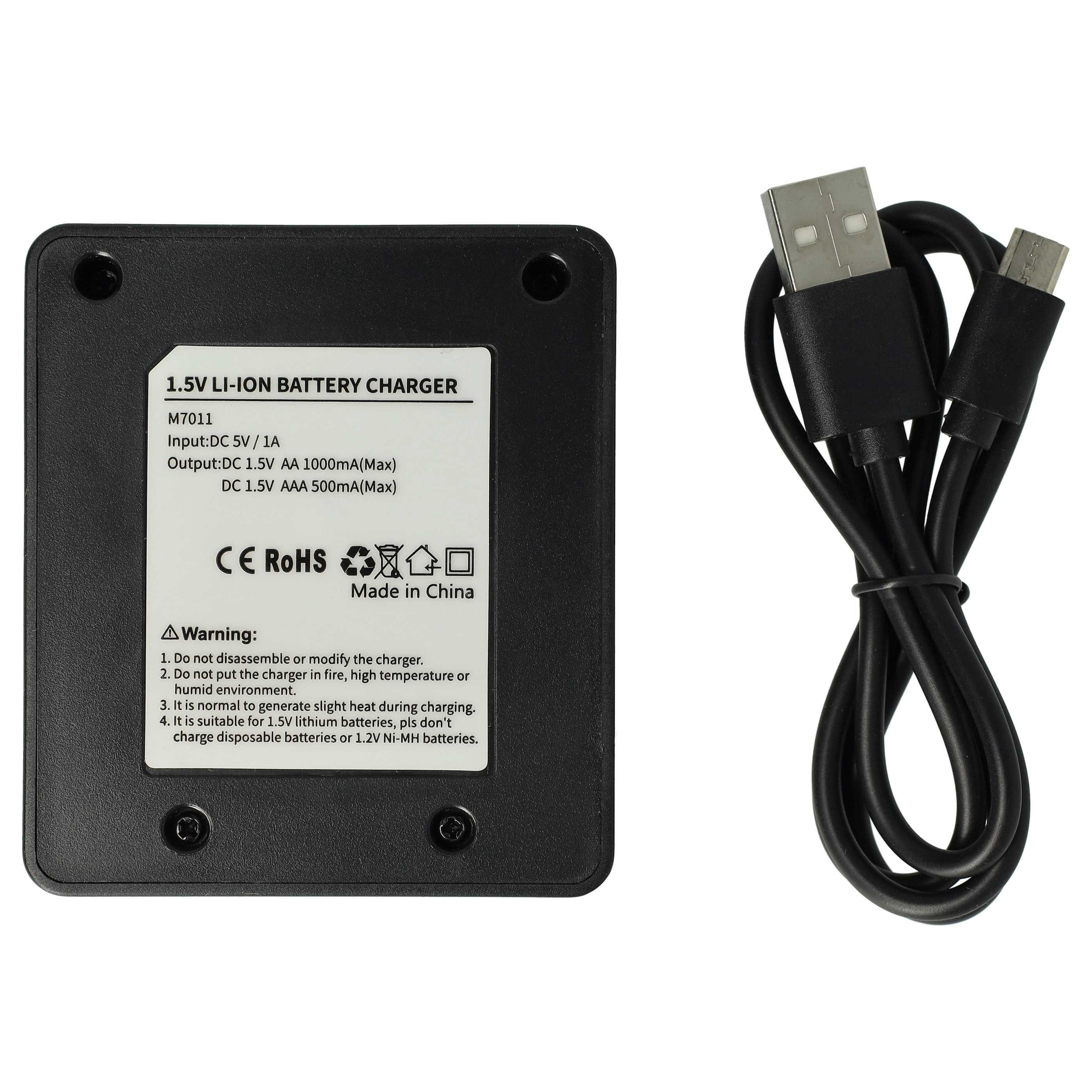 Ein schwarzes Ladegerät mit USB-Kabel. Beschriftung: 1.5V Li-Ion Akku-Ladegerät.