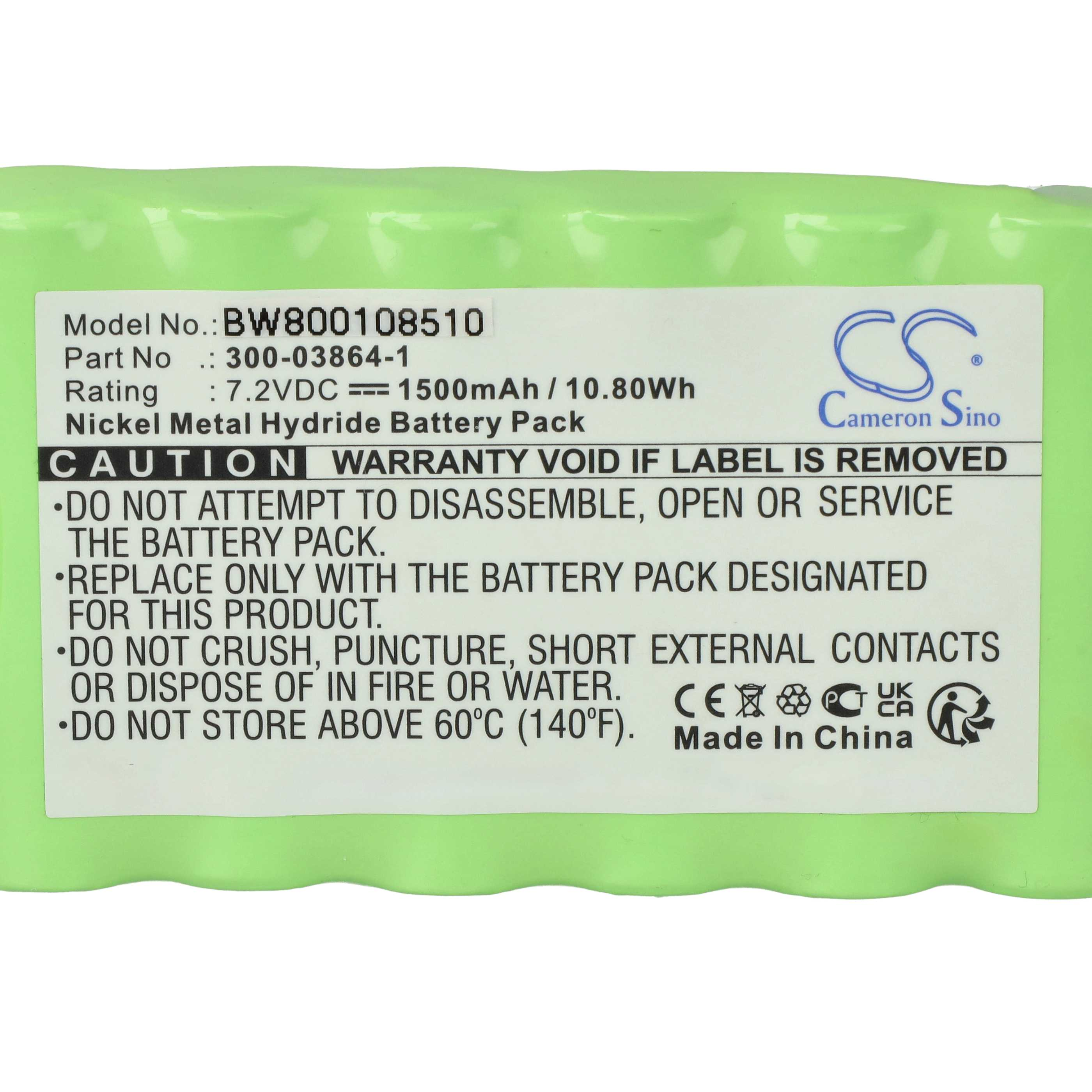 Grüner Akku mit Etikett: Modell BW800108510, 7.2VDC, 1500mAh. Vorsicht, Garantie ungültig.