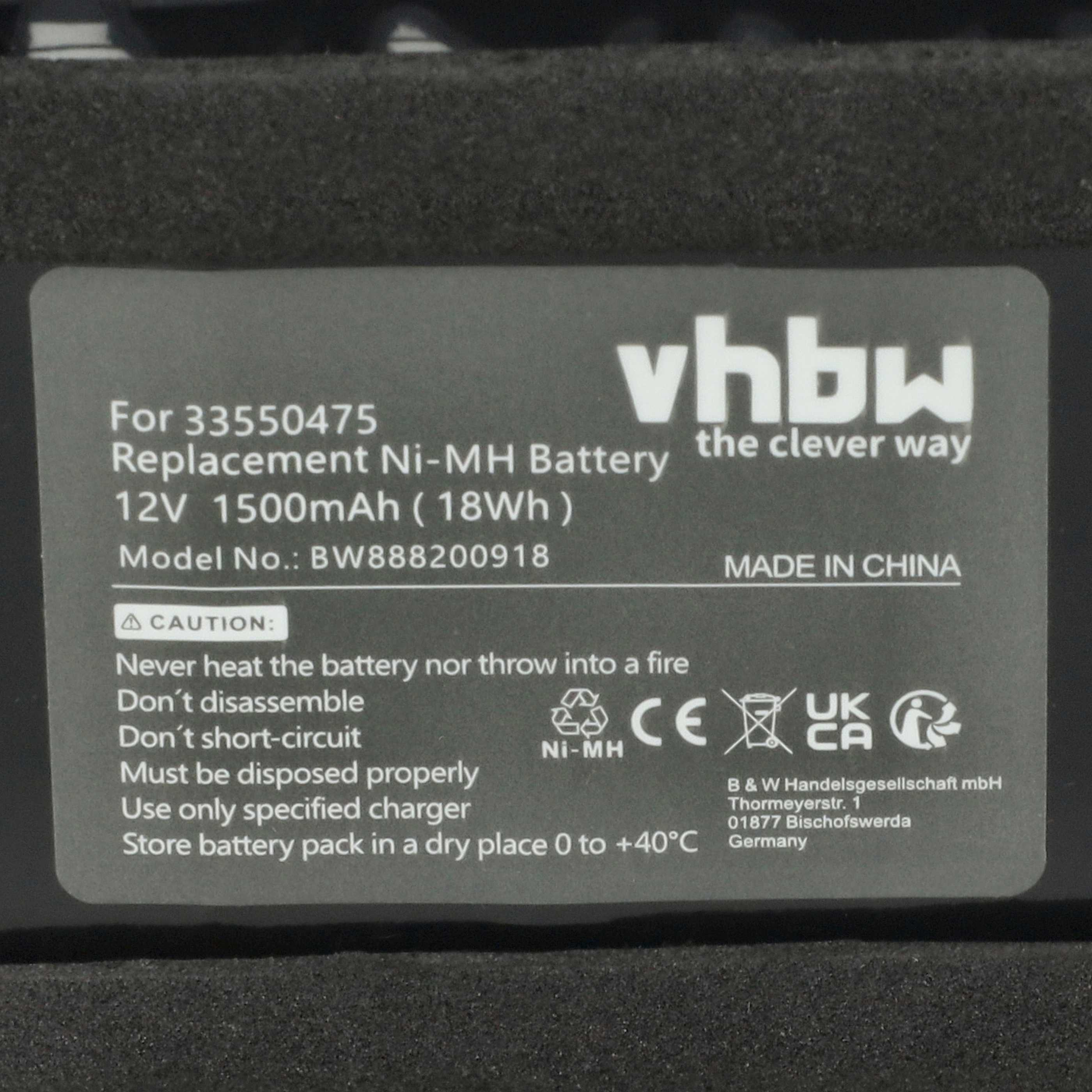 vhbw Ni-MH Akku, 12V 1500mAh, Made in China, mit Warnhinweisen.