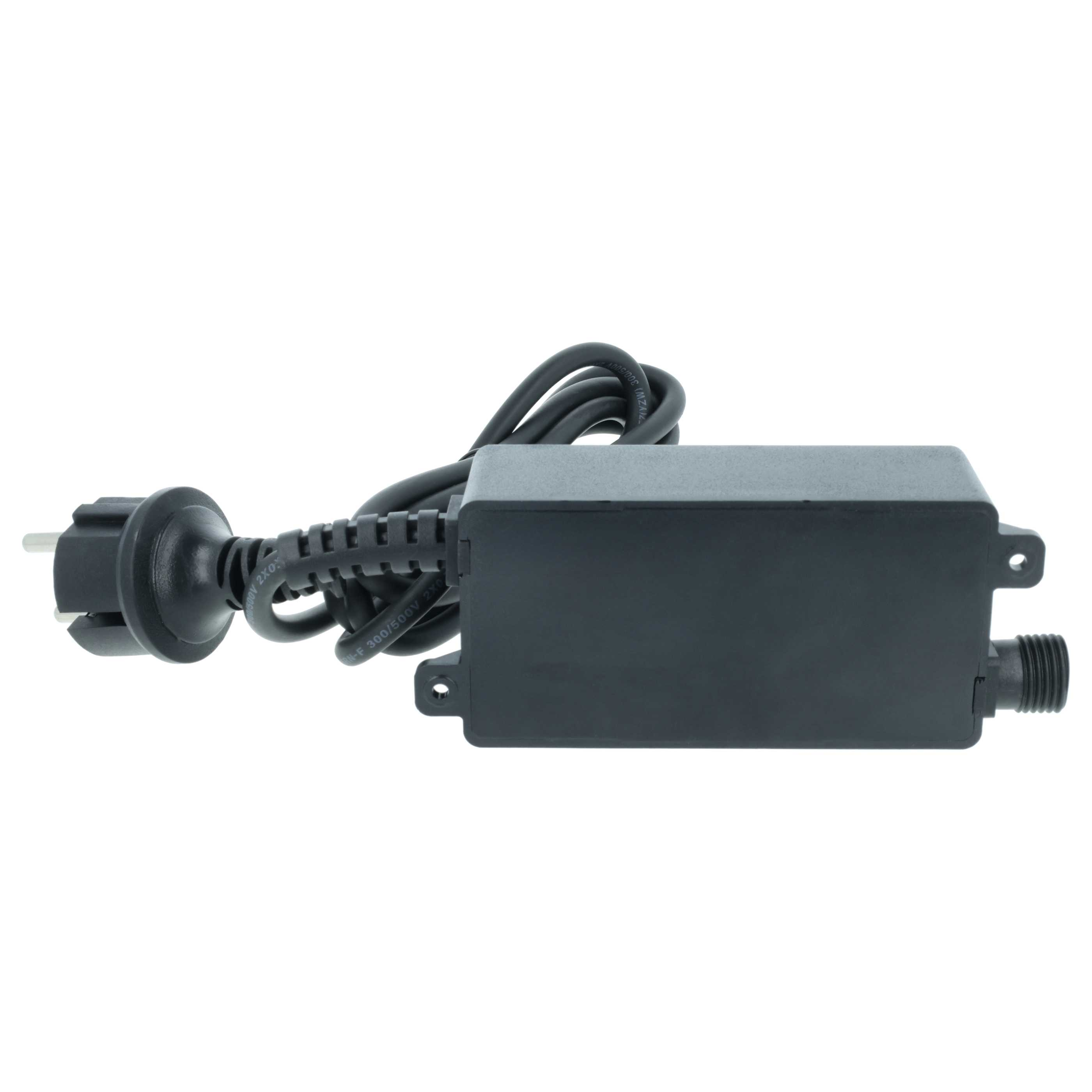 Schwarzer Netzstecker mit Kabel an einer schwarzen Box mit Schraubgewinde.