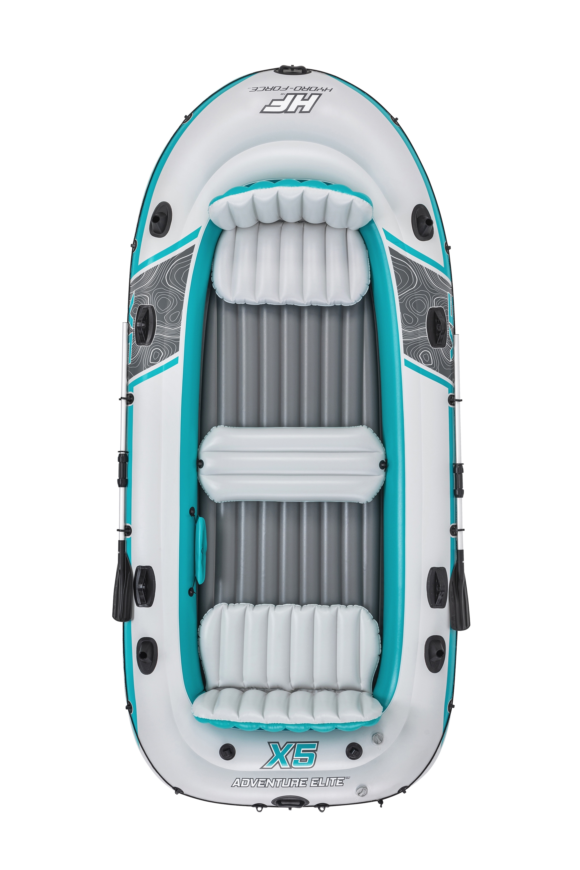 Aufblasbares Schlauchboot in Weiß und Türkis mit Sitzen und Paddelhaltern.