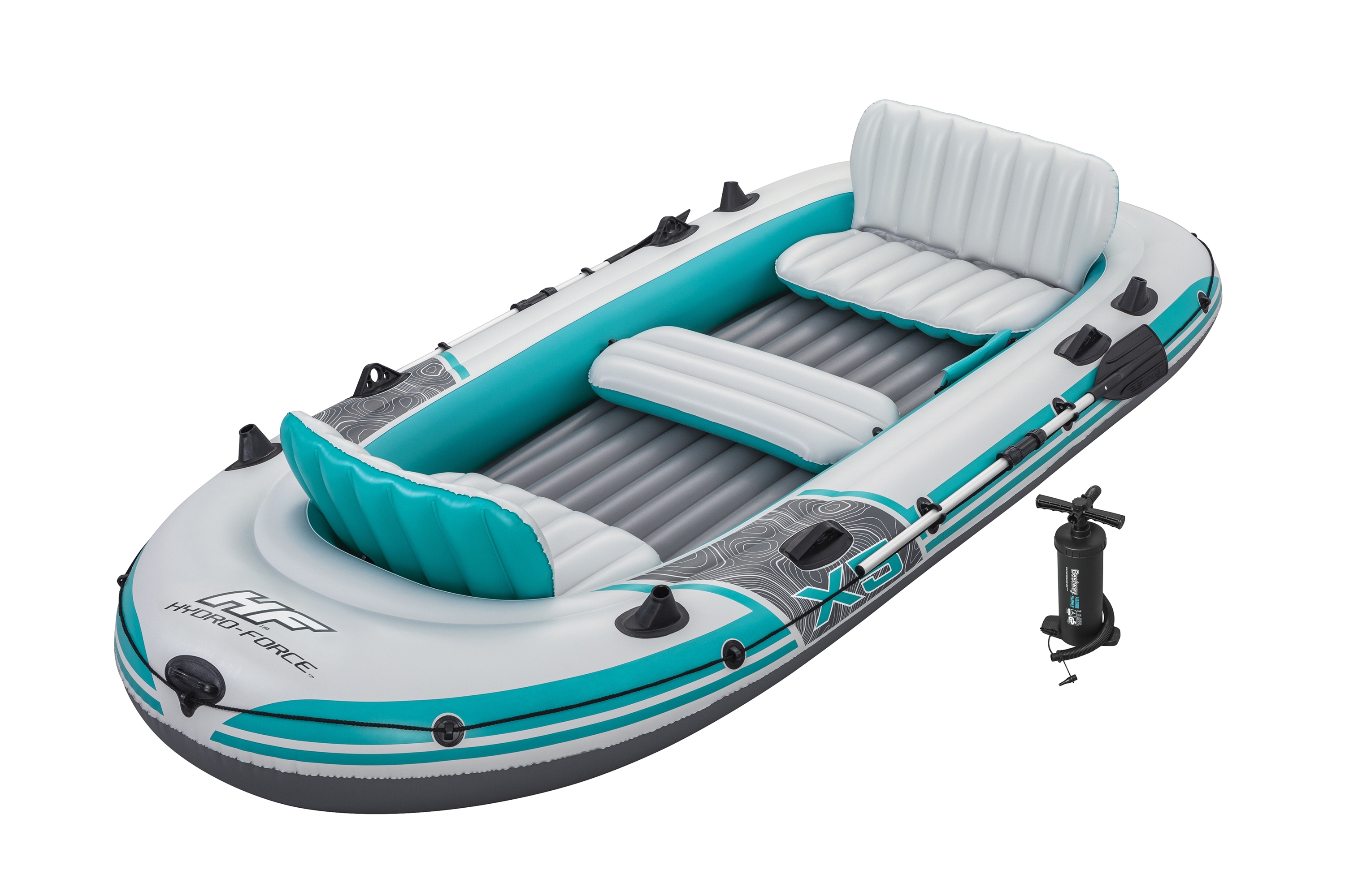 Aufblasbares Boot mit Paddeln und Pumpe, weiß, türkis und grau.