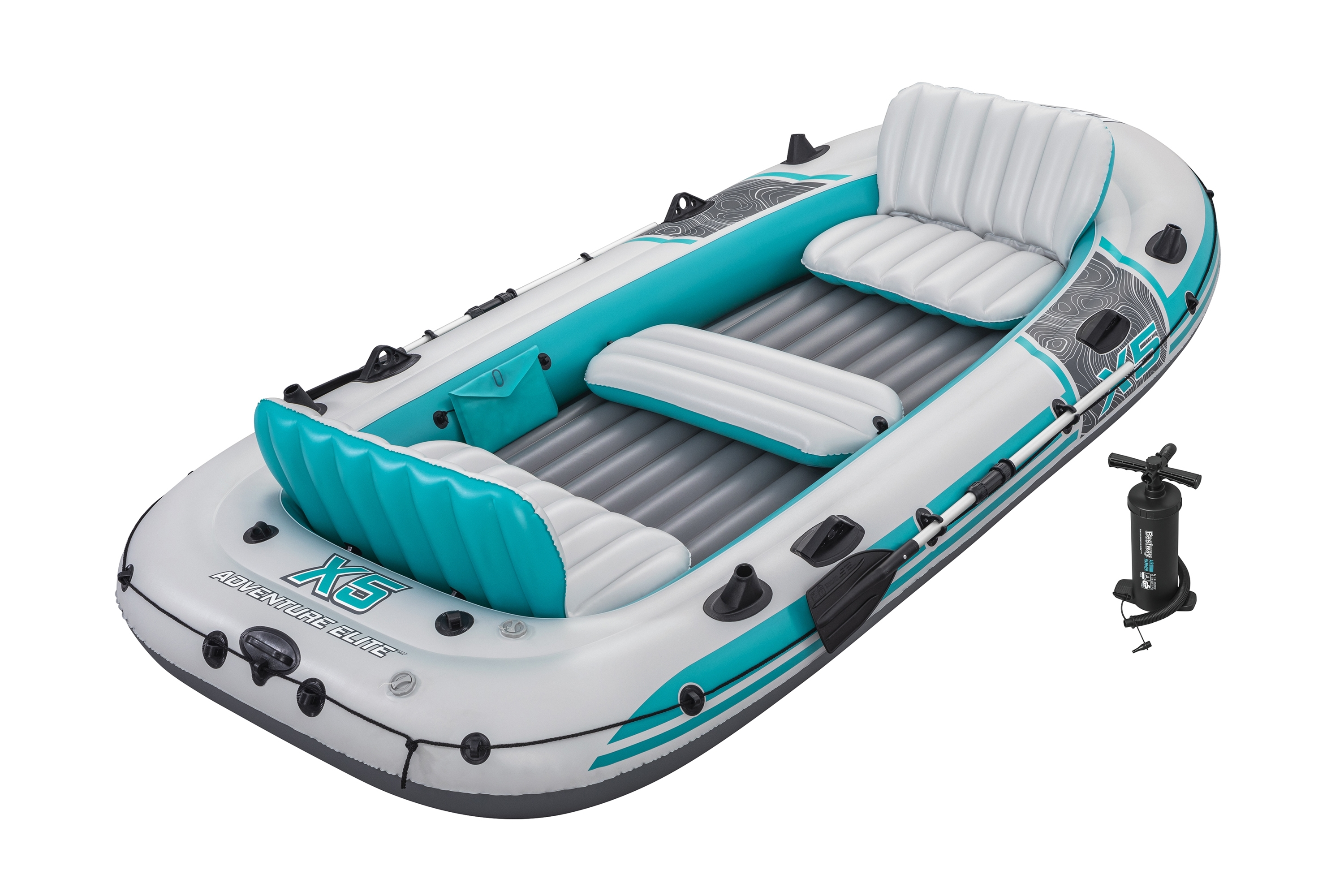 Ein aufblasbares Schlauchboot mit Paddeln und Pumpe, weiß mit türkisfarbenen Akzenten.