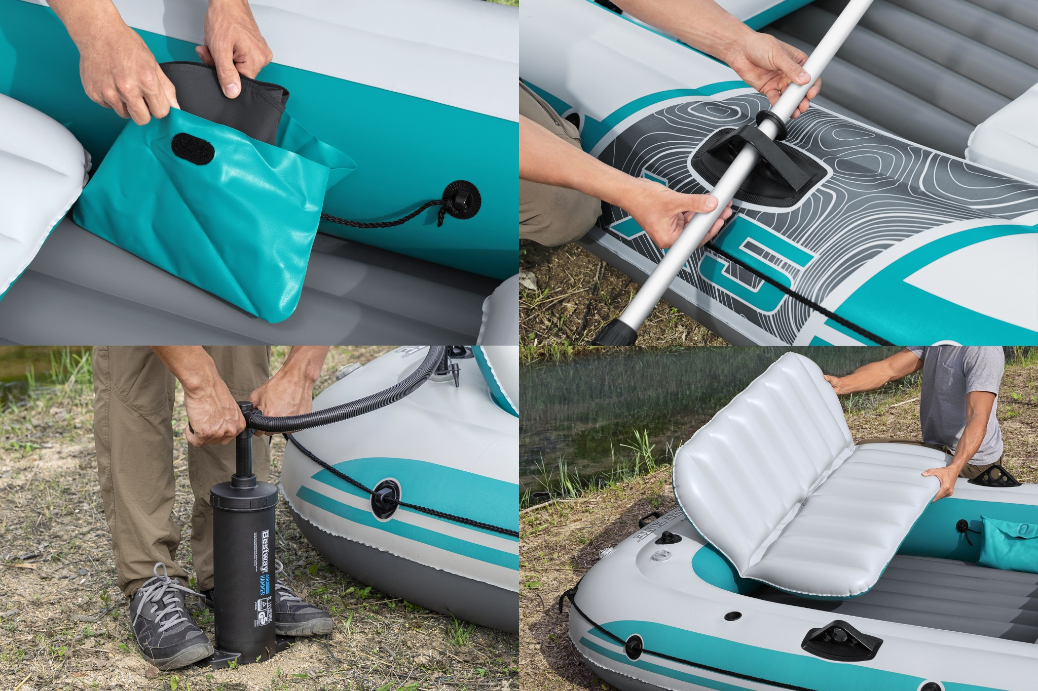 Personen bauen ein Schlauchboot auf, montieren Paddel und Sitz.