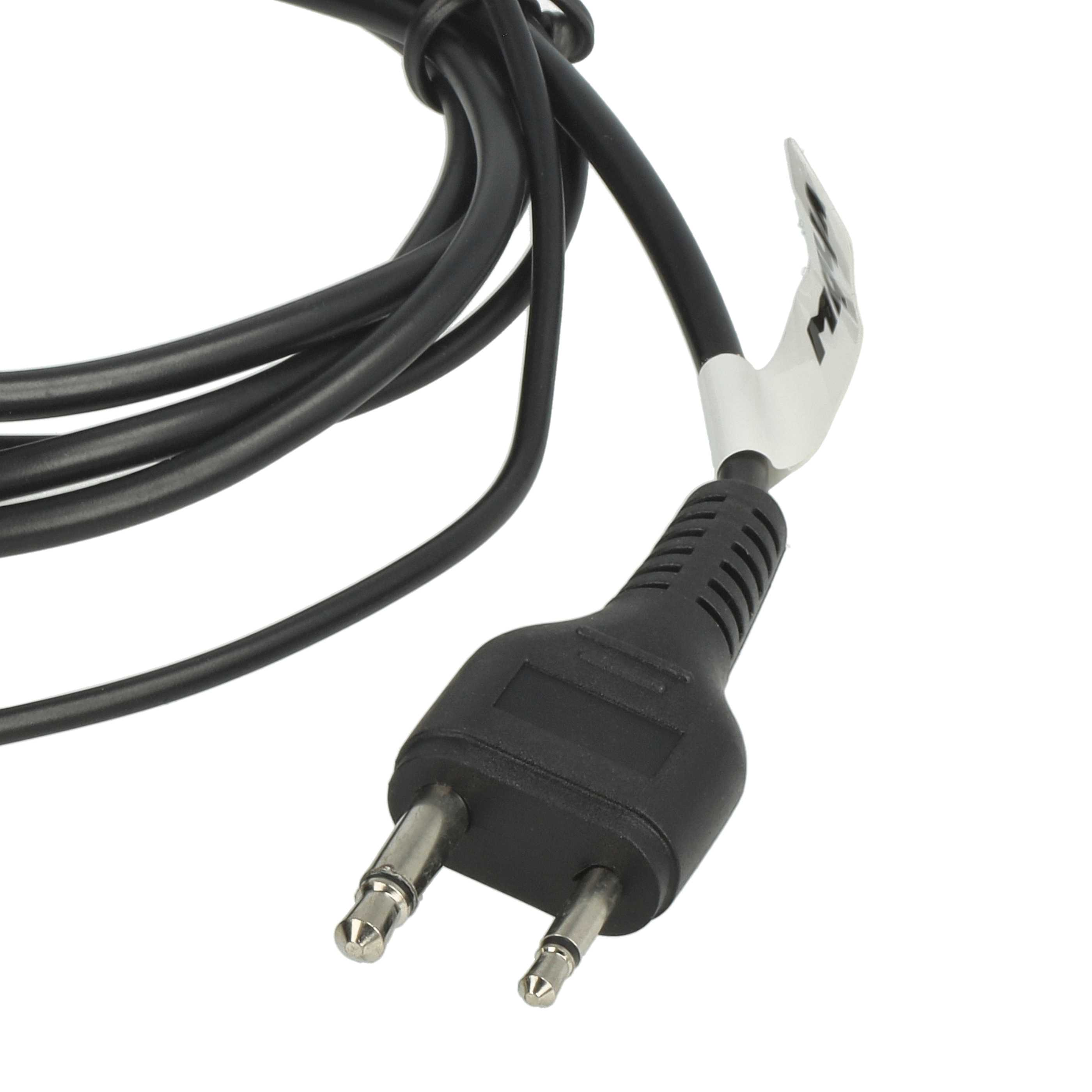 Schwarzes Kabel mit Stecker, zwei Stifte, wei''es Etikett.