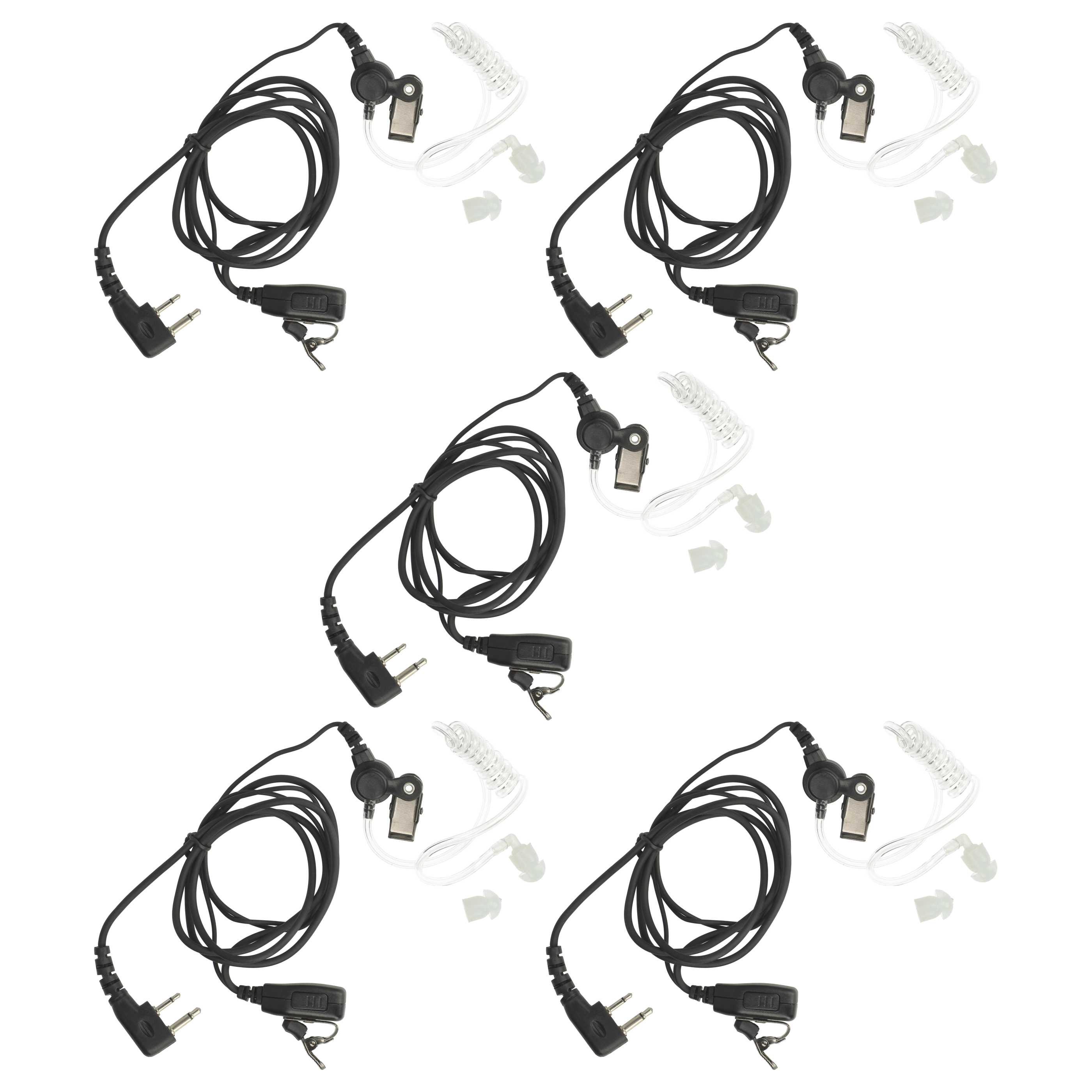 Vier schwarze Headsets mit Ohrbügel und Mikrofon, weißer Hintergrund.