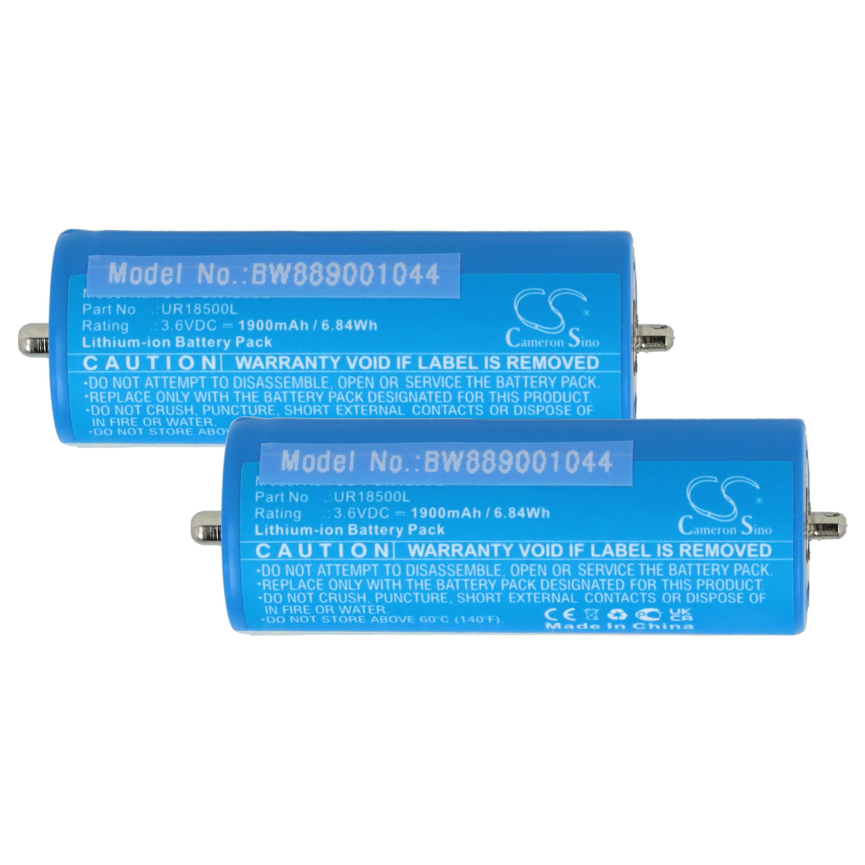Zwei blaue Lithium-Ionen-Akkus mit Modellnummer BW889001044.
