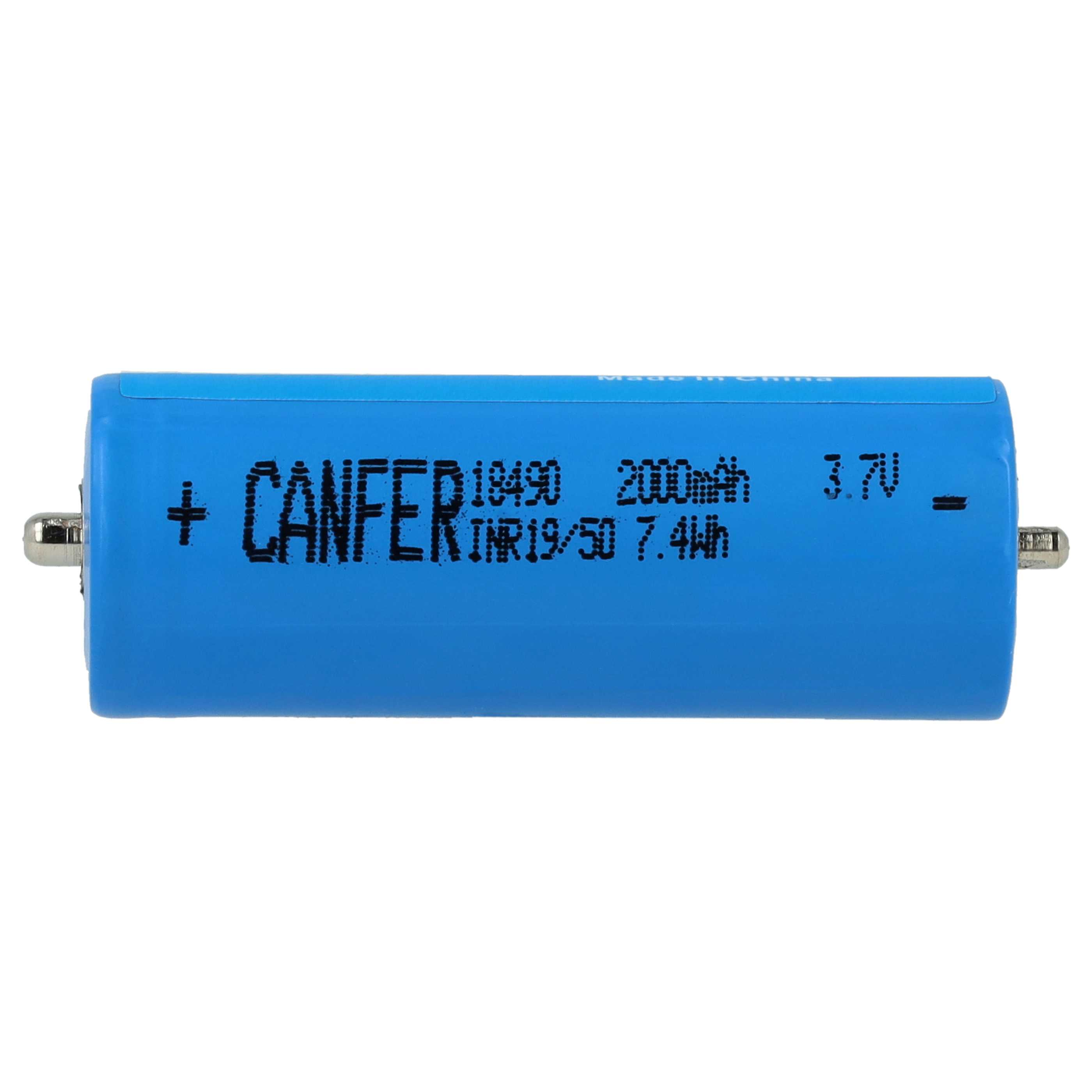 Eine blaue Batterie mit der Aufschrift CANFER 18490 2000mAh 3.7V.